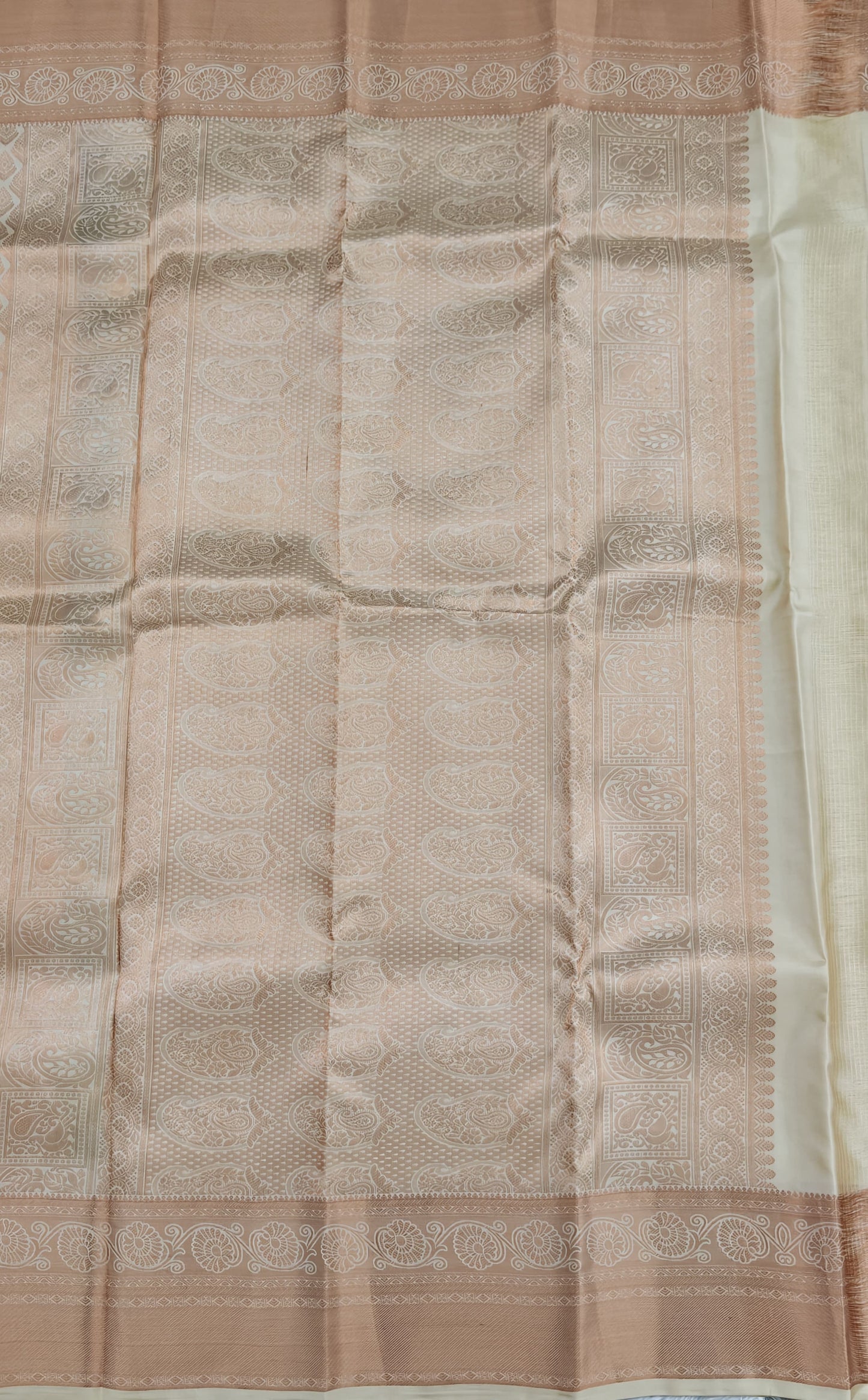 Ivory white & Peach Pure Bridal Silk Saree