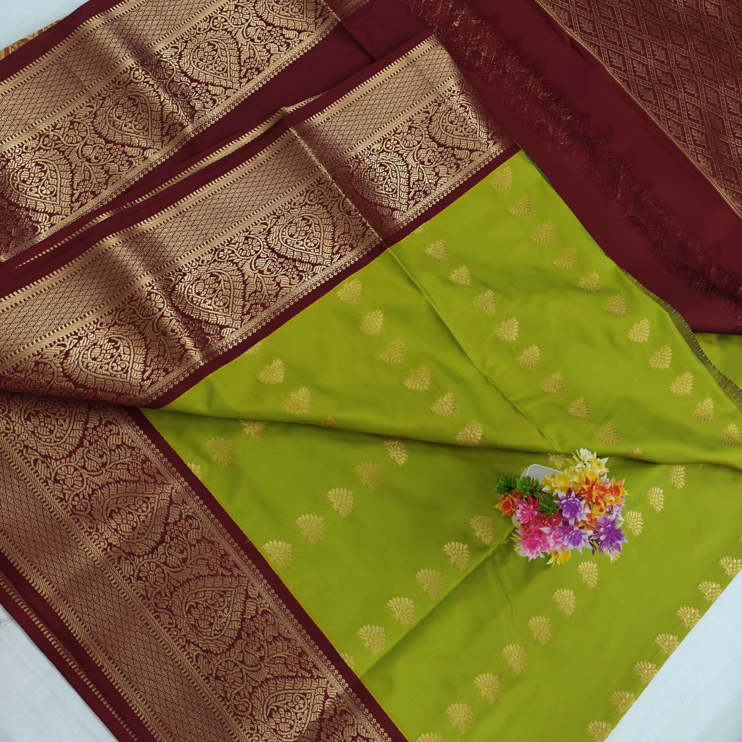 Kanchipuram Semi Silk Saree - Lite Green with Dark Maroon Big Border Design