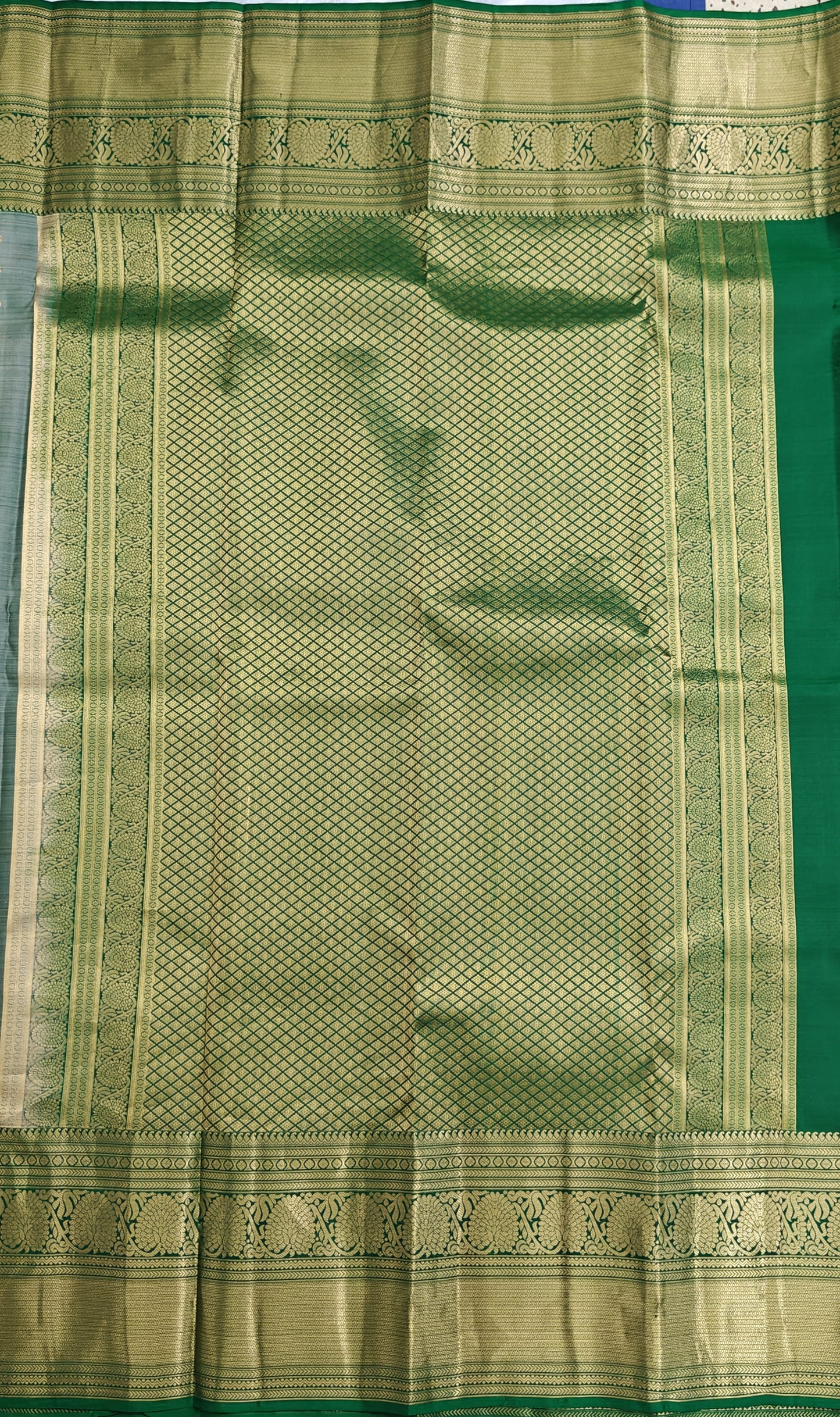 Grey Pure Silk Saree With Green Border
