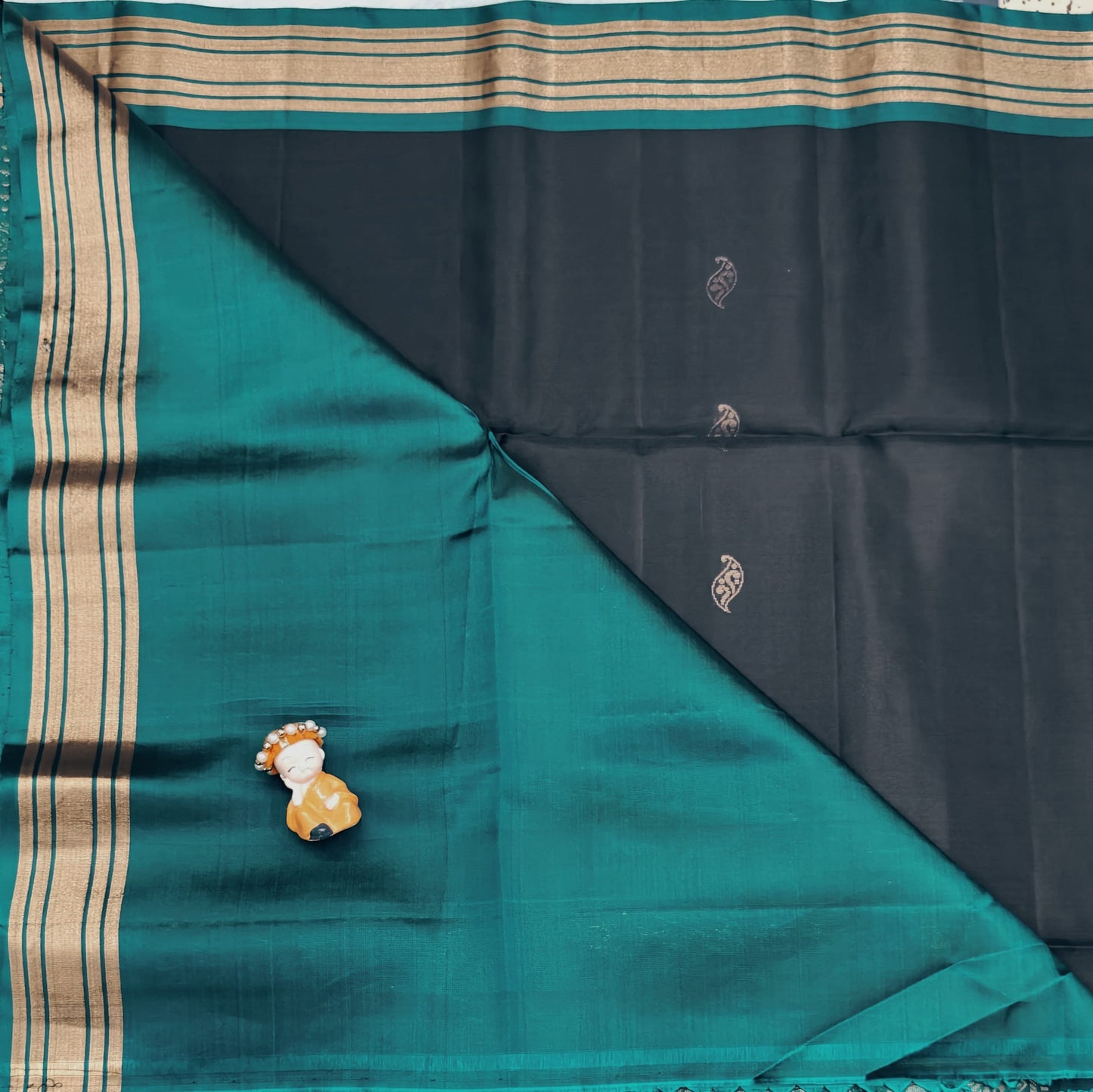 Navy Blue with Peacock Green Soft Silk Saree
