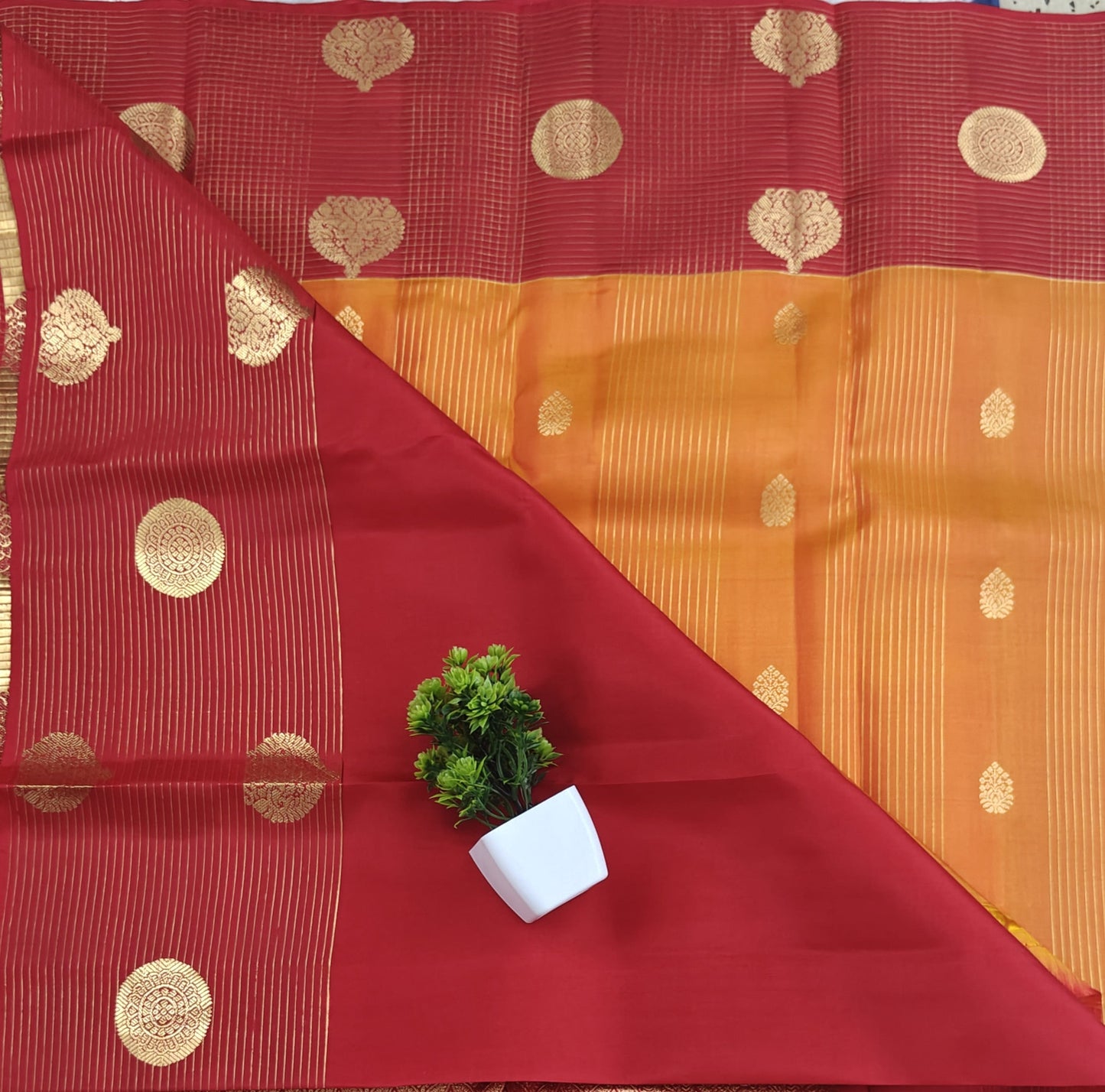 Orange Checked Pure Silk Saree with Red Border