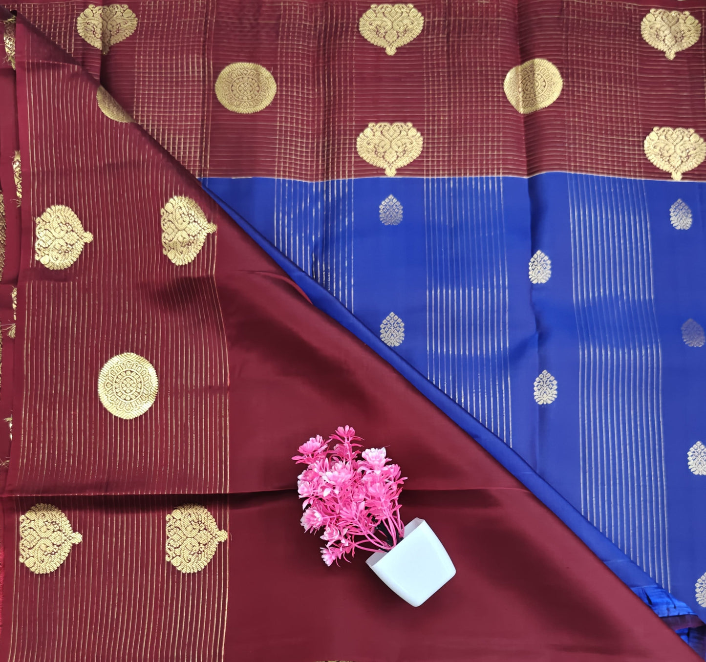 Royal Blue Checked Silk Saree with Red Border
