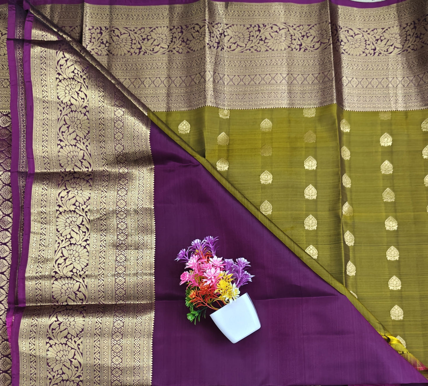 Mehandi Green Pure Silk Saree with Purple Border