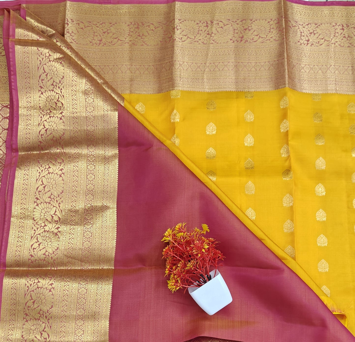 Yellow Pure Silk Saree with Pink Border