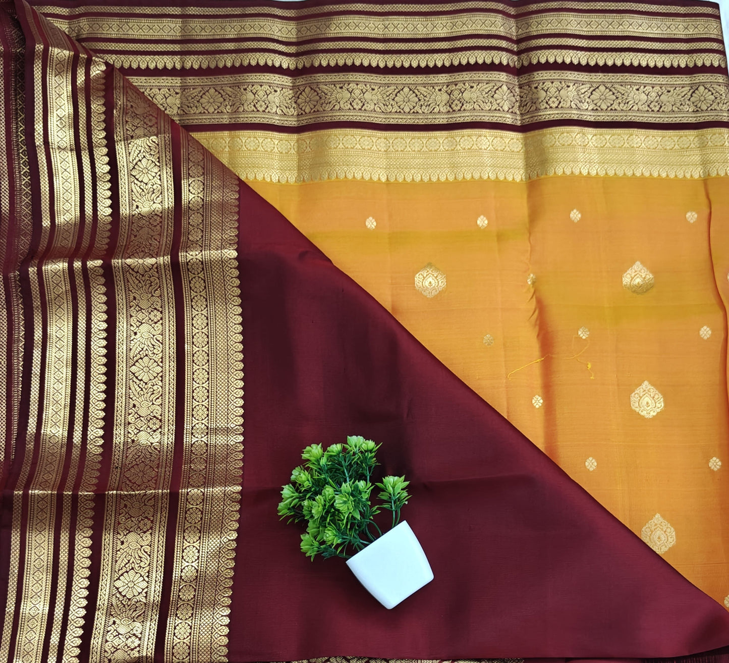 Mustard Orange Pure Silk Saree with Maroon Border
