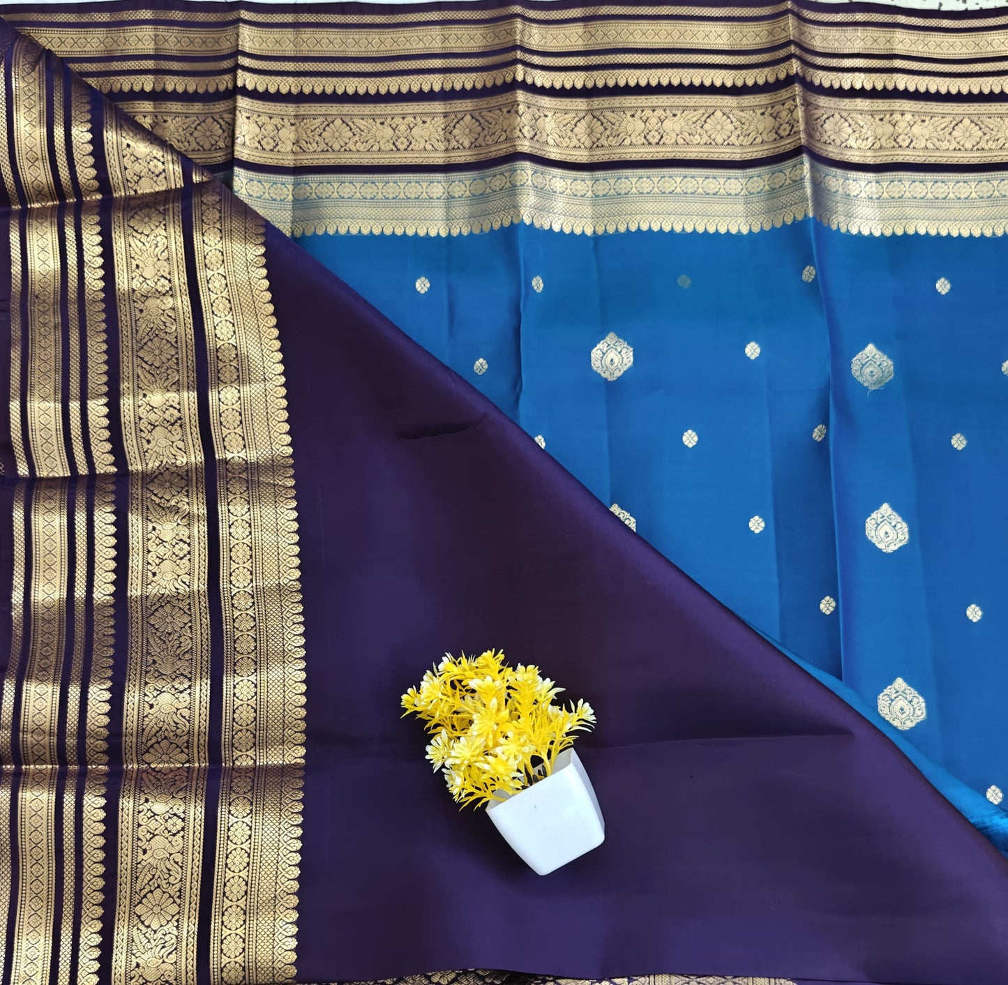 Peacock Blue Pure Silk Saree with Purple Border