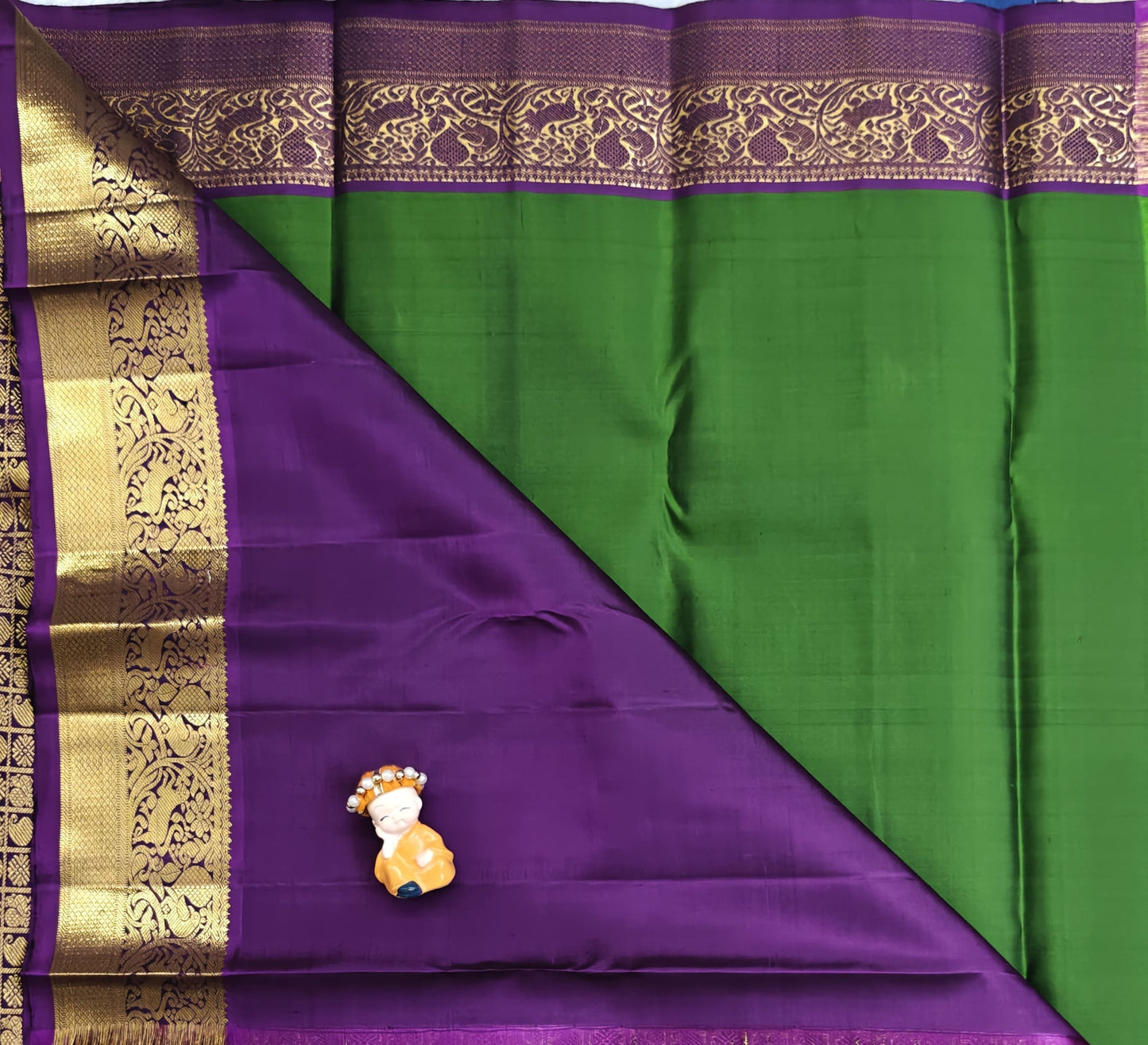 Parrot Green Pure Silk Saree With Purple Border