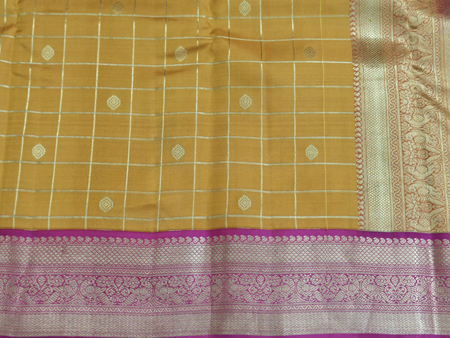 Kanchipuram pure silk saree - Mustard Yellow with Pink Border Traditional Zari Design