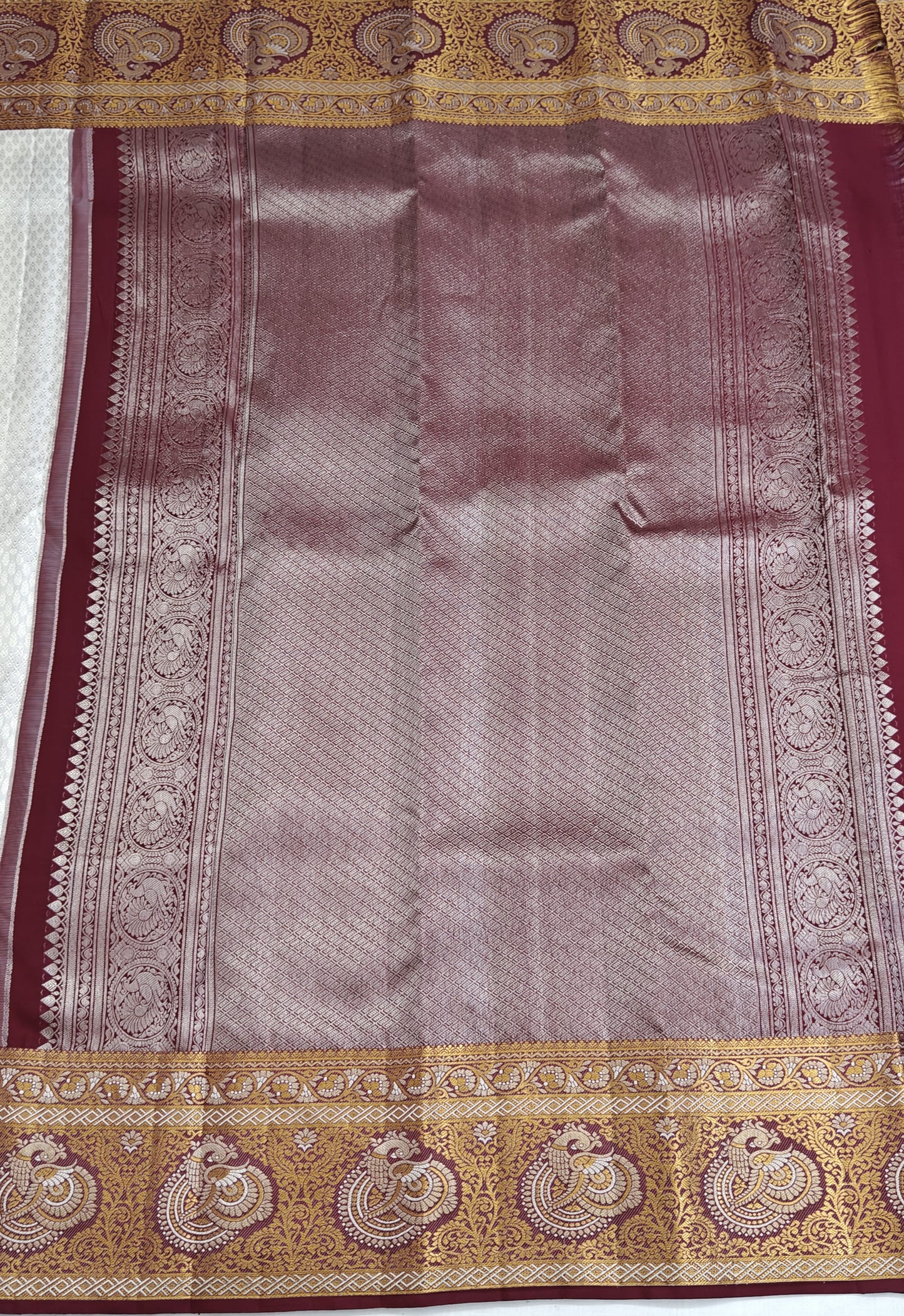 Kanchipuram Bridal Silk Saree - Off-White with Grand Maroon Gold Zari Border
