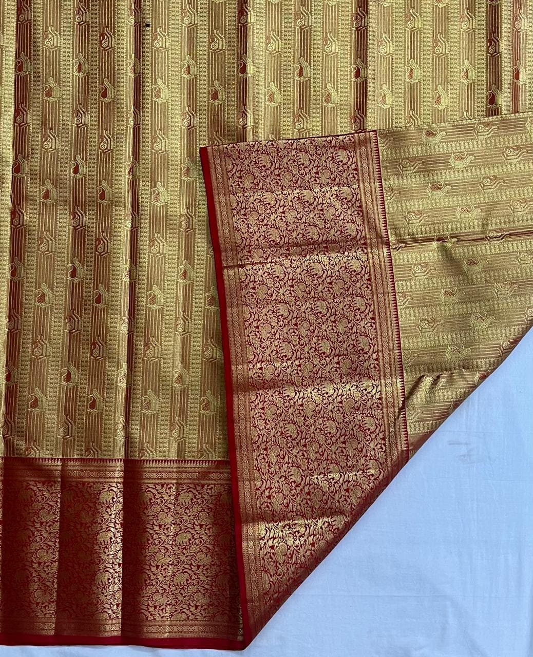 Kanchipuram Pure Tissue Bridal Saree - Gold with Red Contrast Border