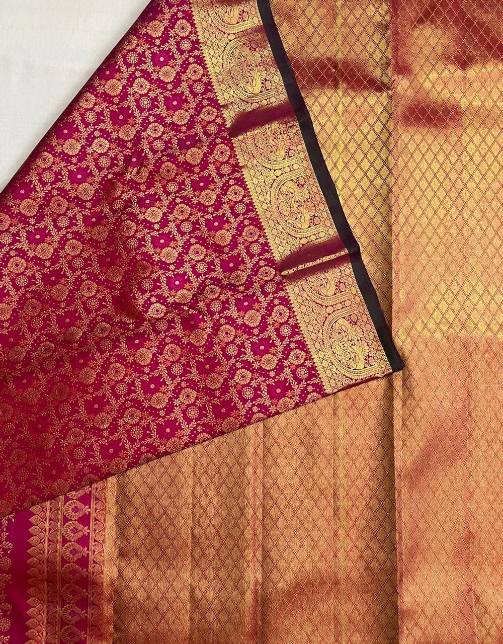 Kanchipuram Pure Bridal Saree - Rani Pink with Contrast Blouse
