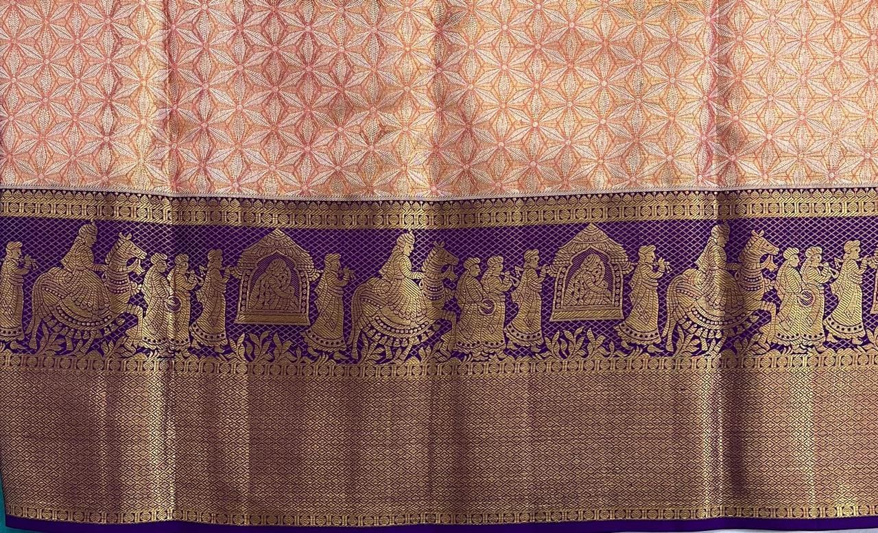 Kanchipuram Pure Tissue Bridal Saree - Gold with Purple Contrast Border