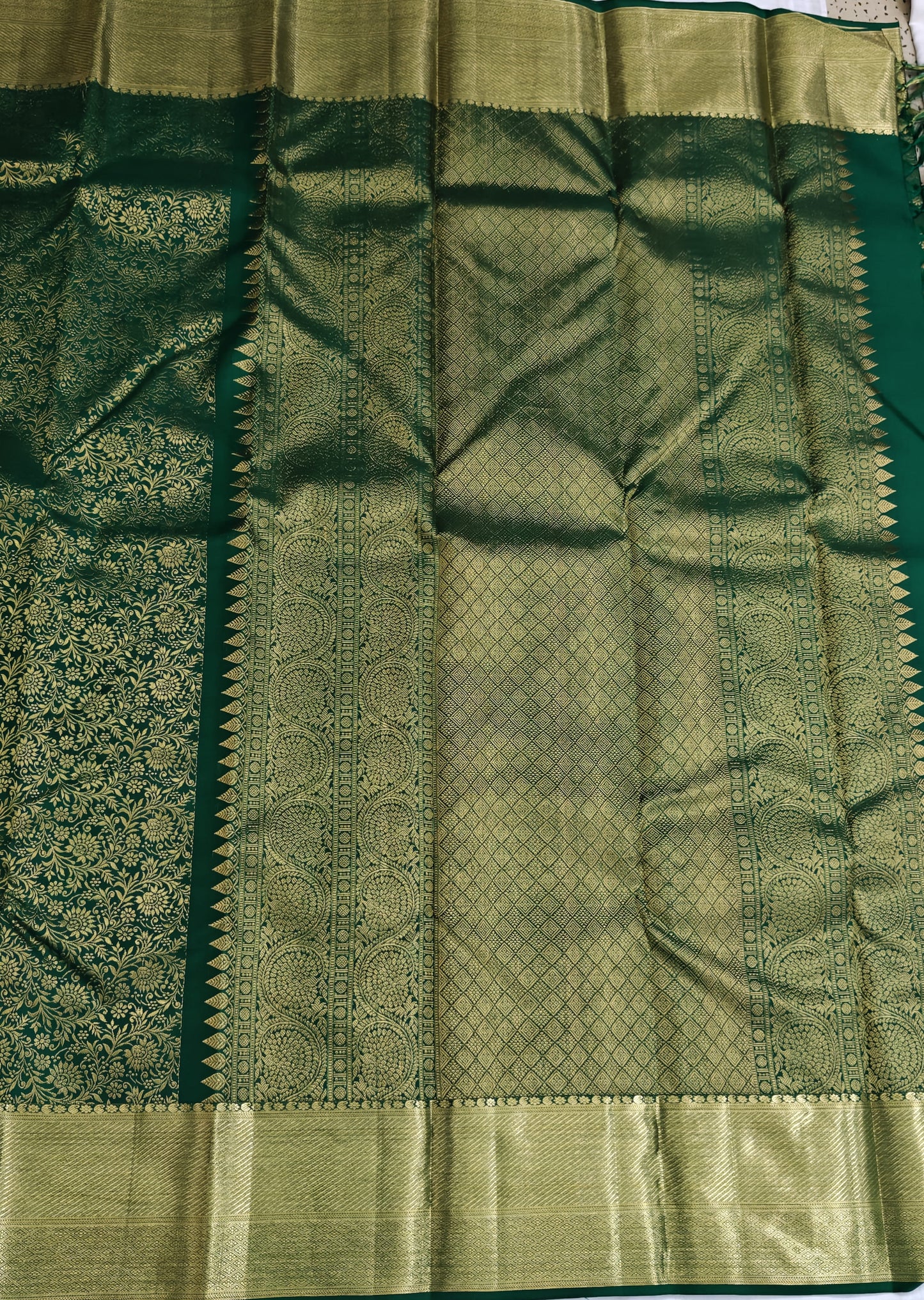 Kanchipuram Silk Saree - Dark Green Self Design with Big Border