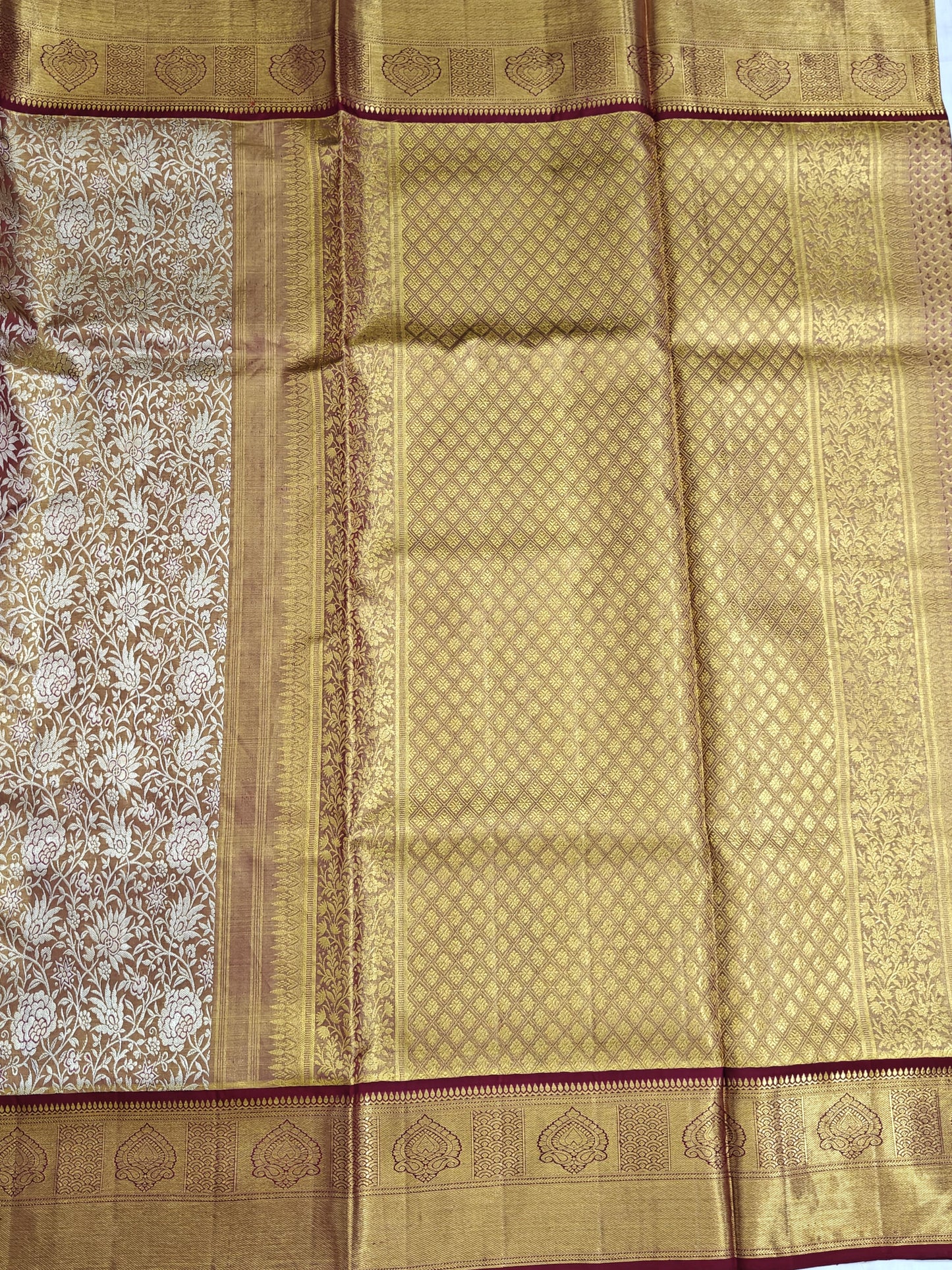 Gold & Silver Zari Tissue Silk Saree with Maroon Border