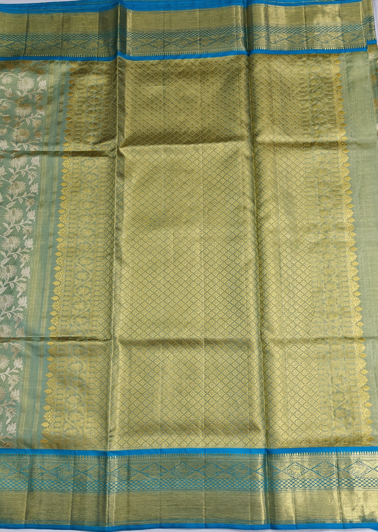 Green Tissue Silk Saree with Sky blue Border