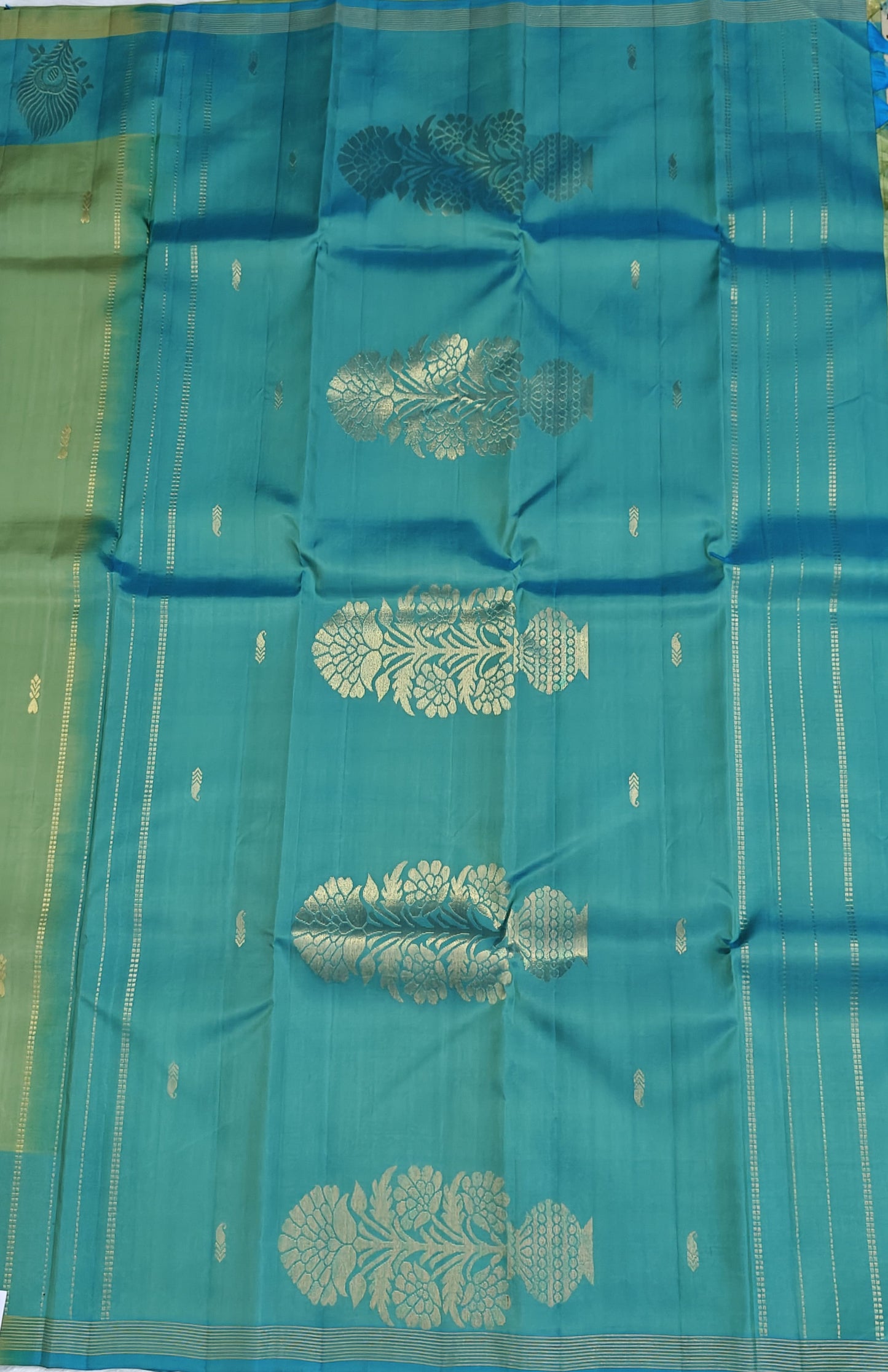 Pista Green with Sky blue Pure Silk Saree