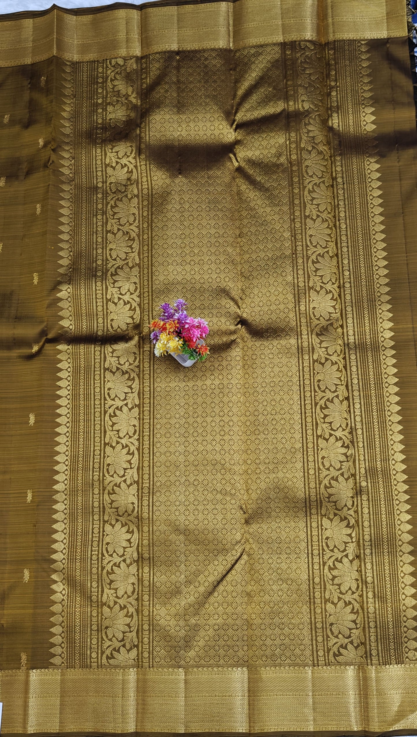 Mustard Brown Self Pure Silk Saree with Gold Border