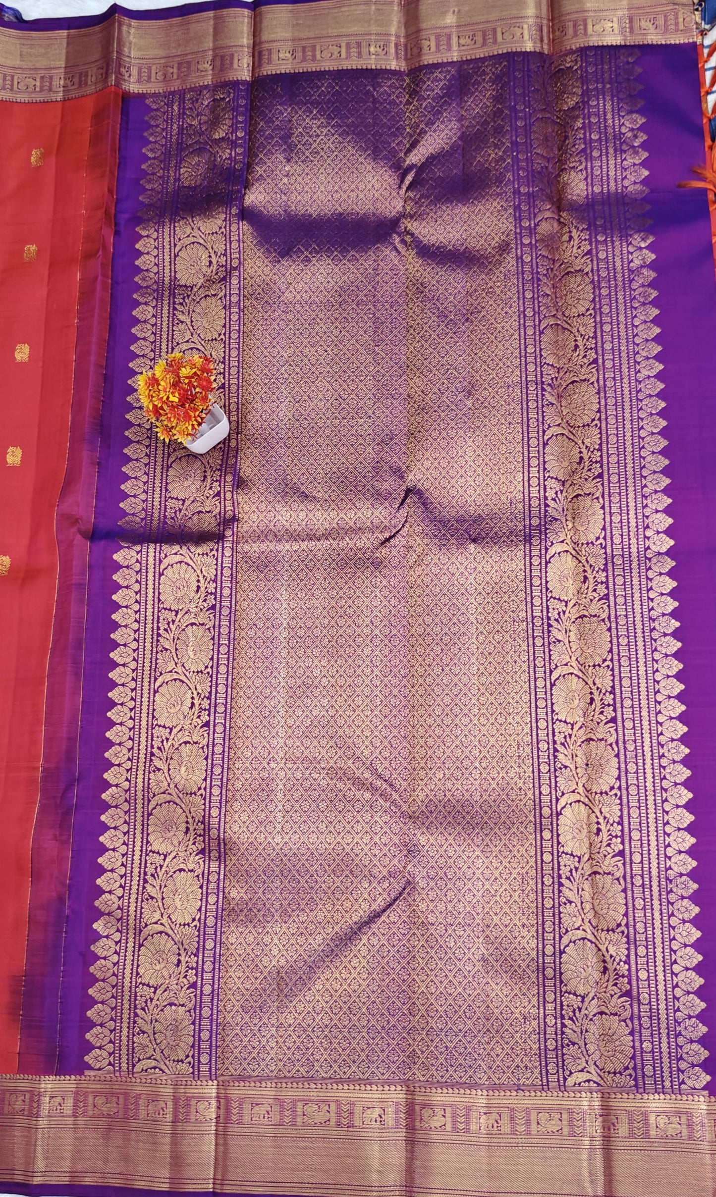 Elegant Red Pure Silk Saree with Purple Border