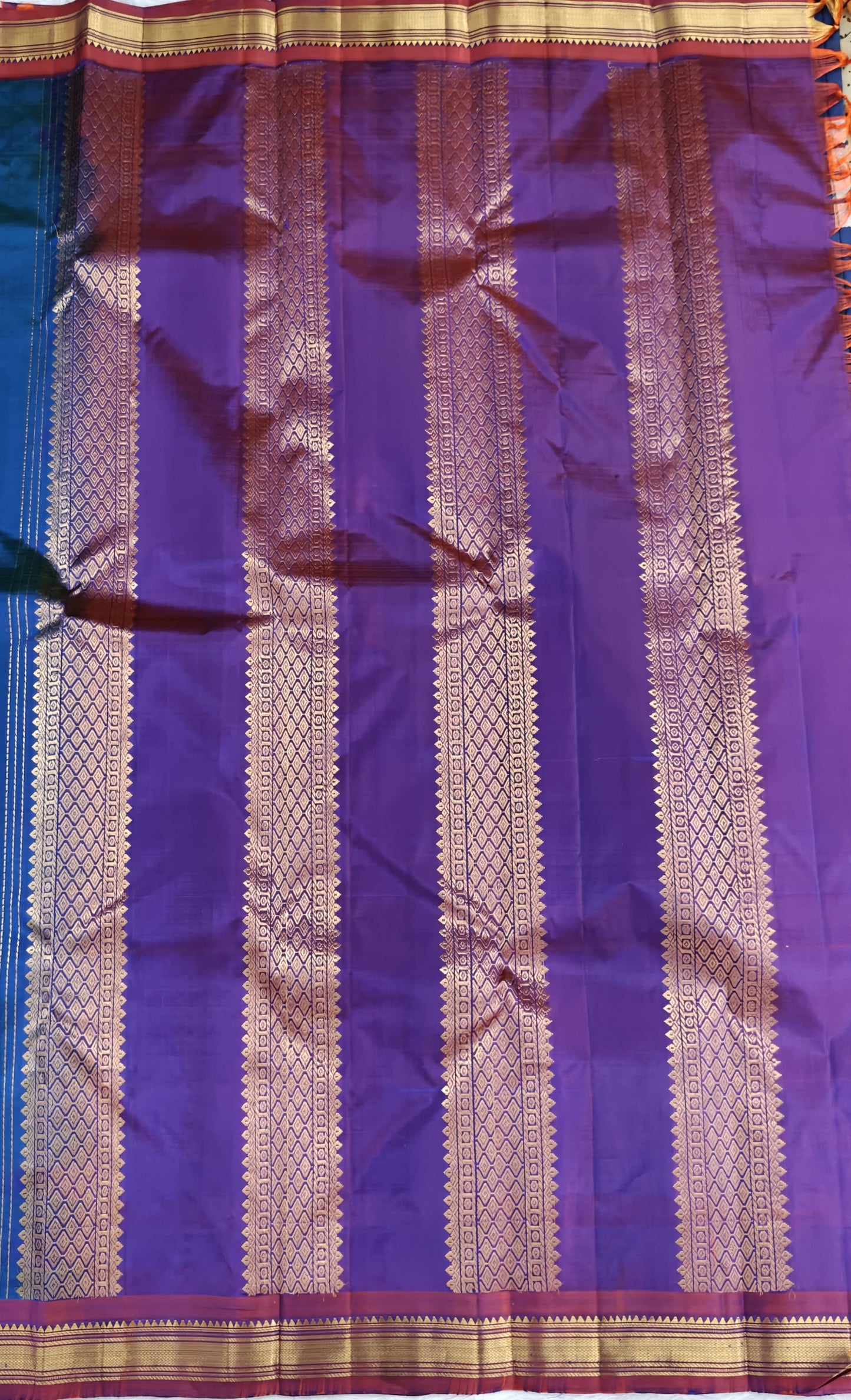 Peacock Blue Pure Silk Saree with Maroon Border
