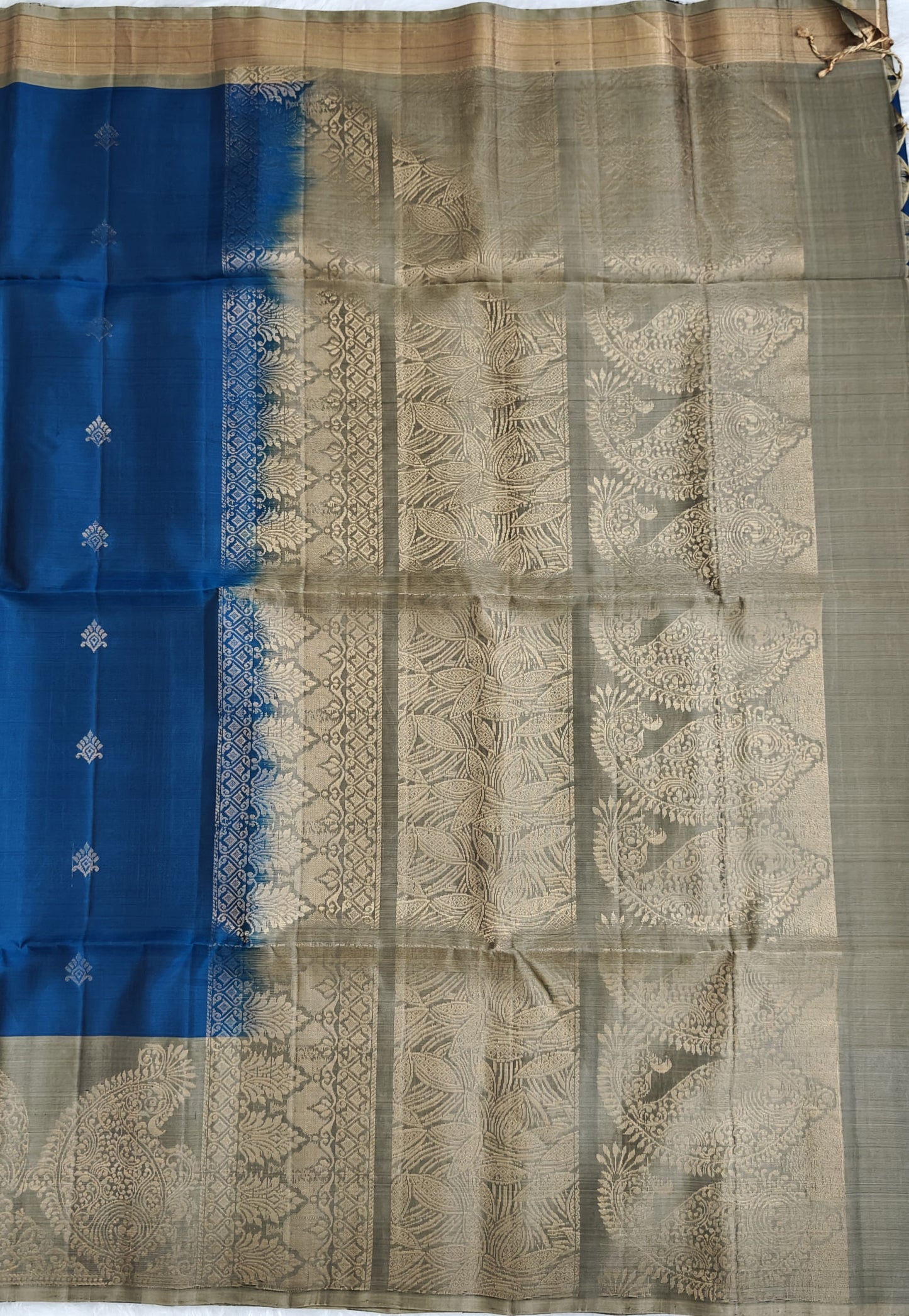 Peacock Blue & Grey Pure Soft Silk Saree