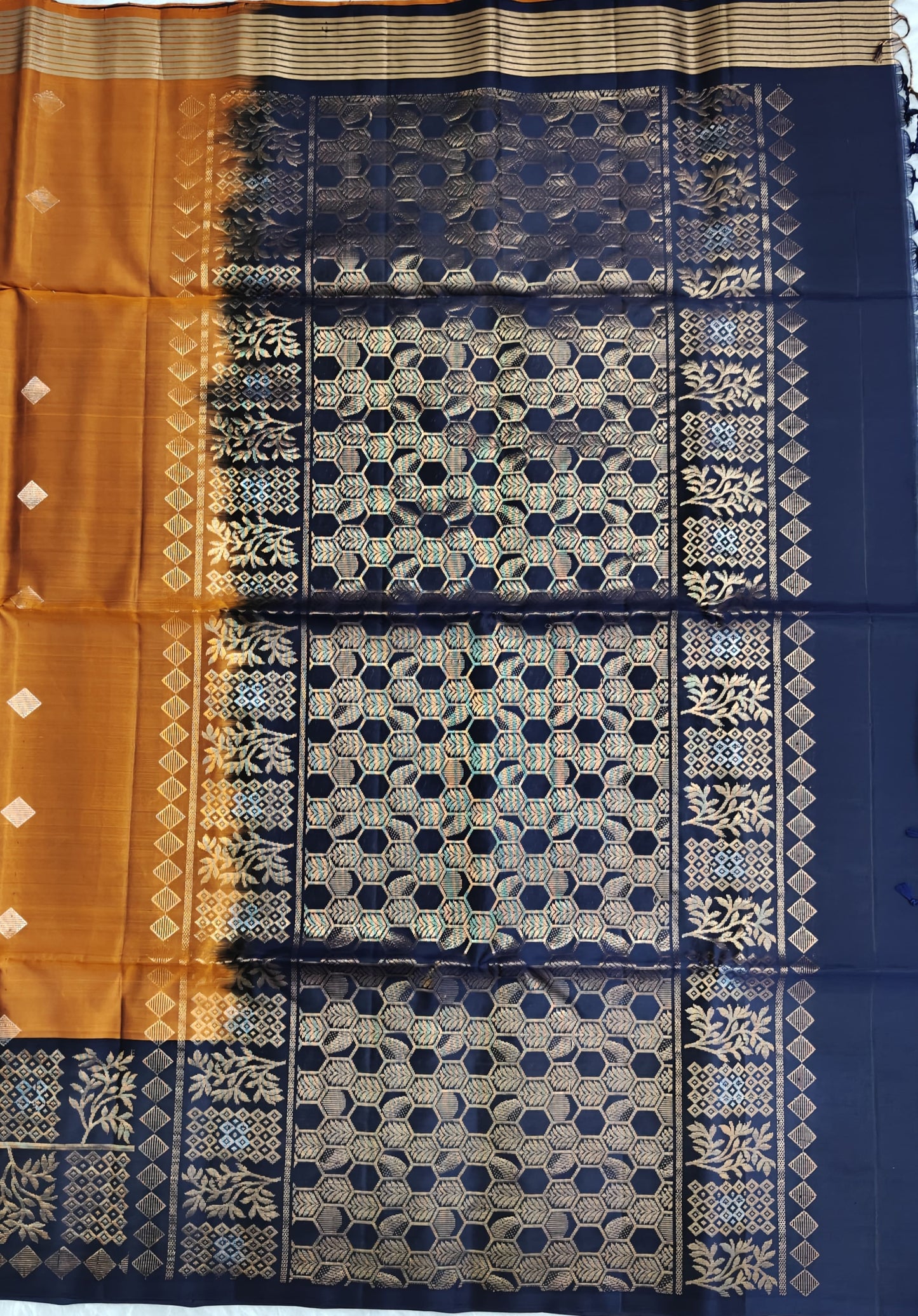 Mustard & Royal Blue Pure Soft Silk Saree