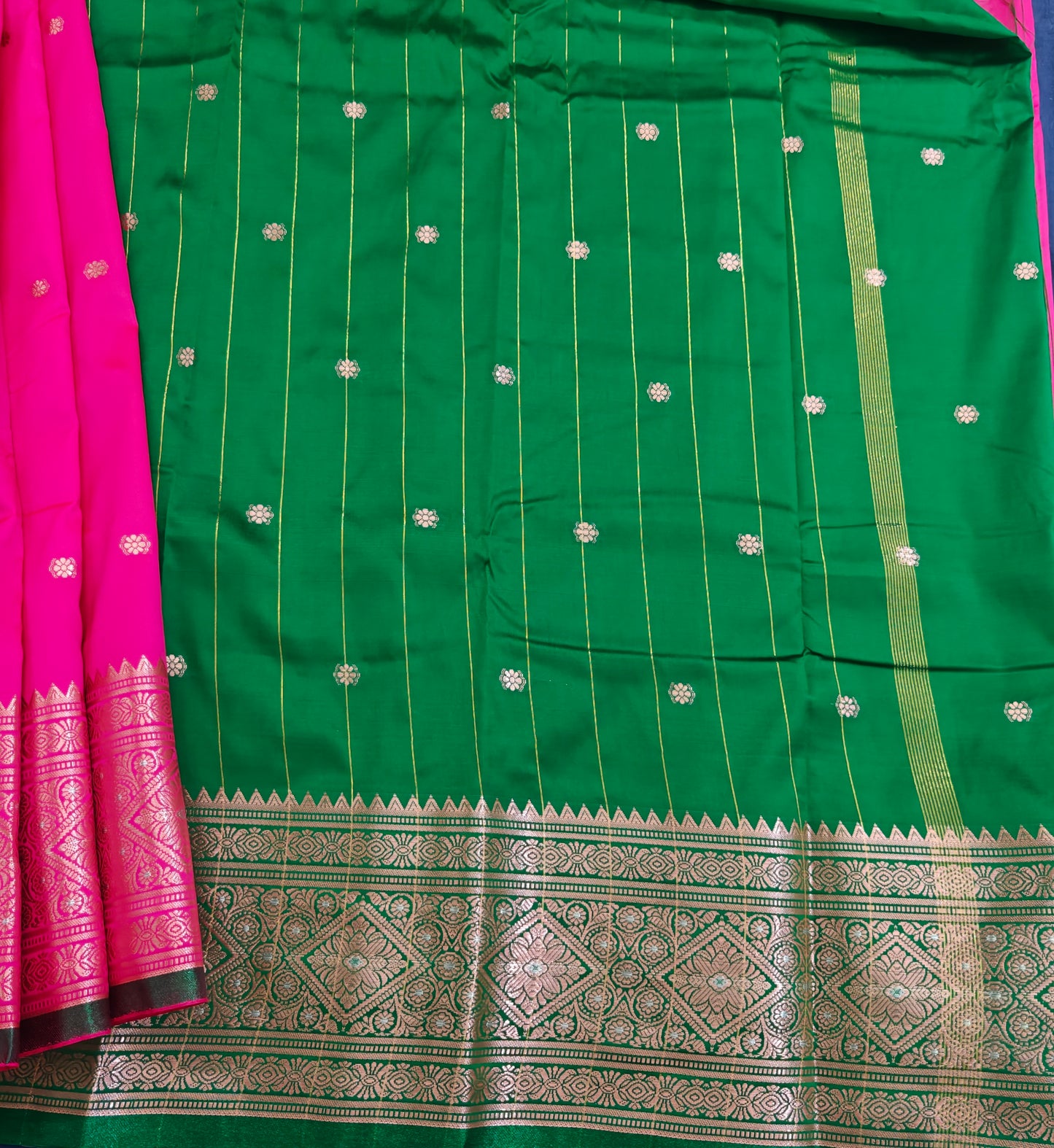 Kanchipuram Semi Silk Saree - Rani Pink with Green Contrast Blouse