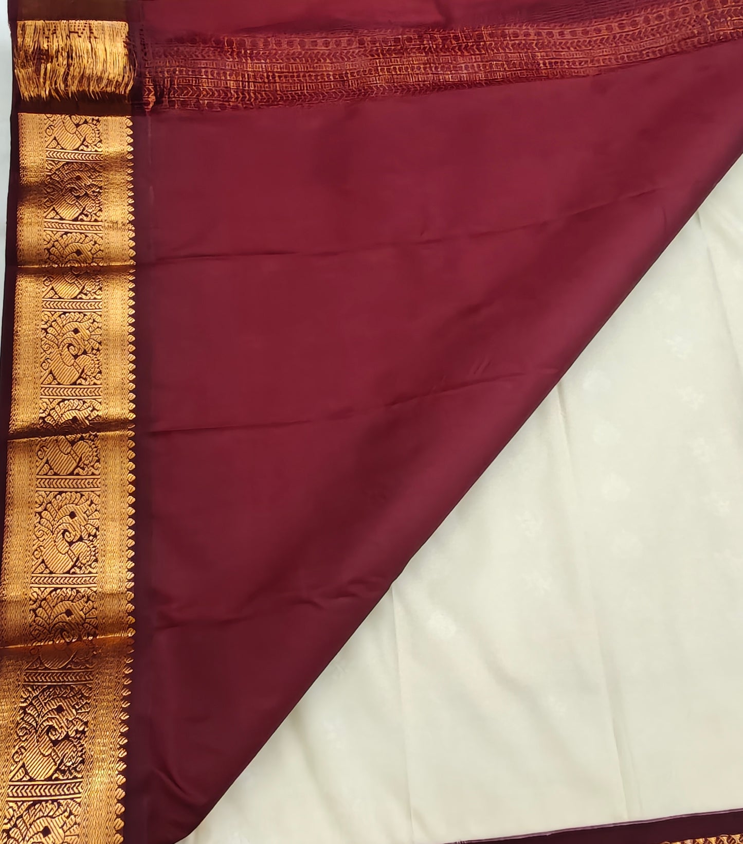 Kanchipuram Semi Silk Saree - Off-White with Brown Traditional Border