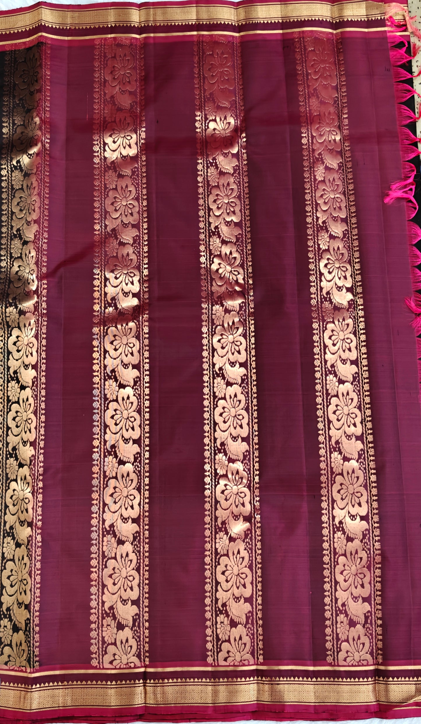 Black Pure Silk Saree with Wine Pink Border