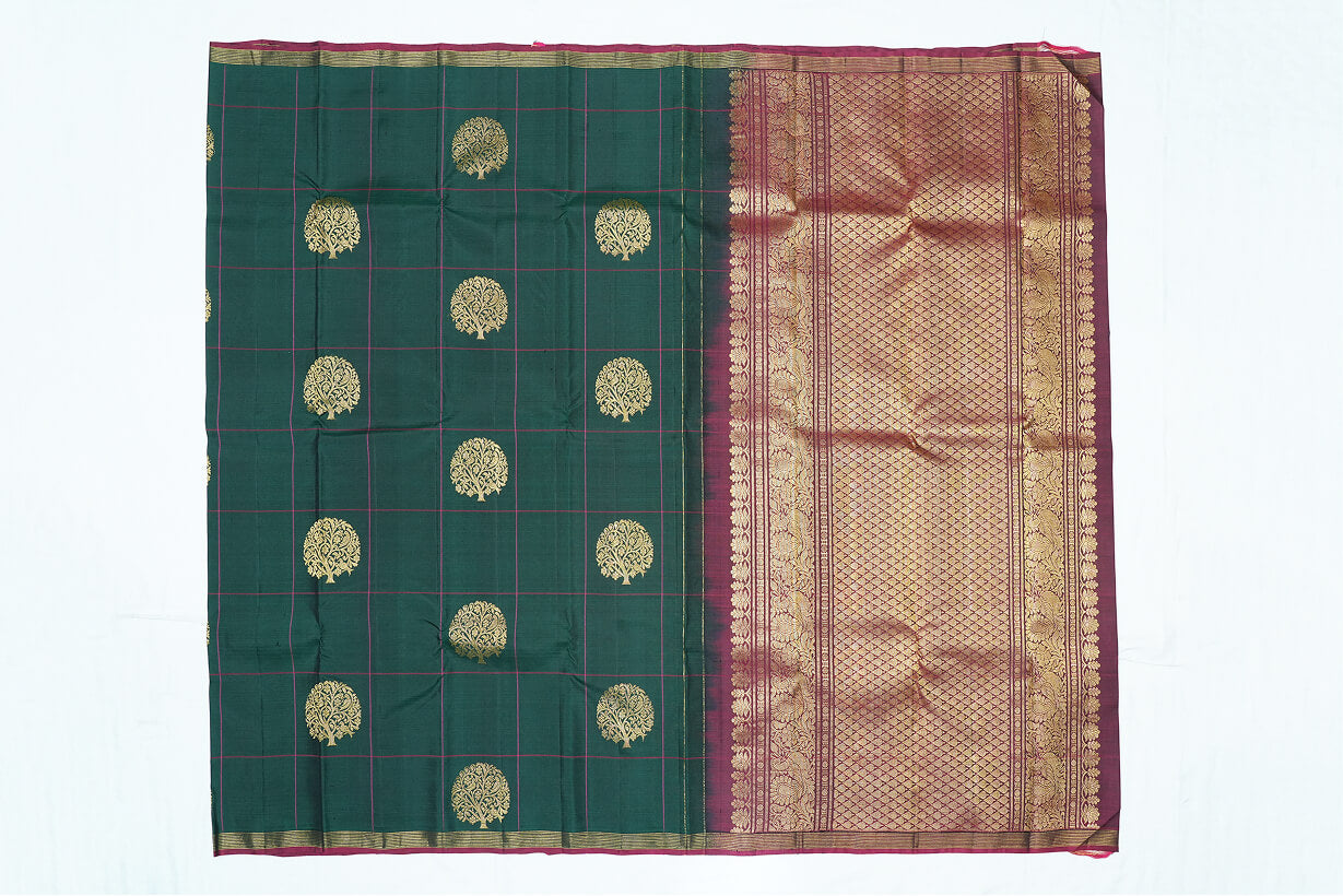 Green Pink Checked Pure Kanchipuram Handloom Silk Saree