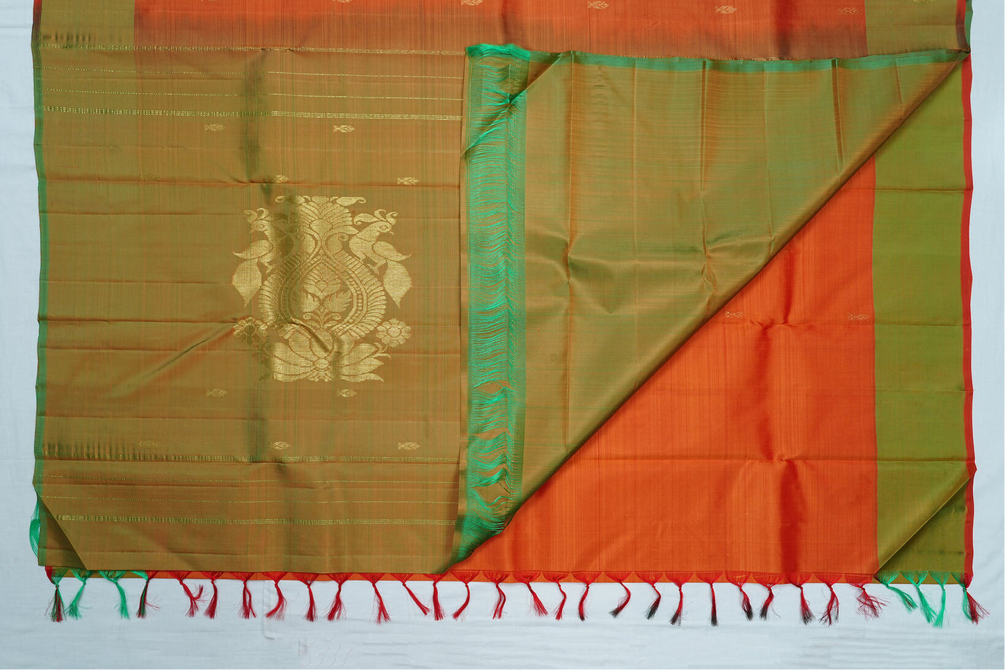 Kanchipuram Handloom Silk Saree - Orange Color with Mustard Border
