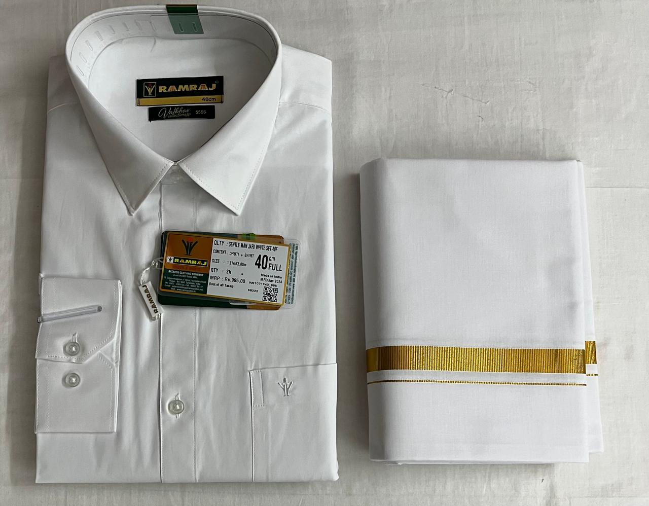 Gentlemen White Traditional Shirt & Dhoti Set – Gold Border