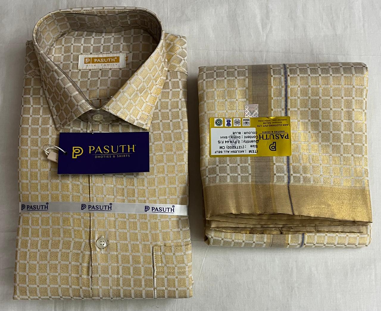 Pasuth - Designer Check Shirt & Dhoti (Gold)