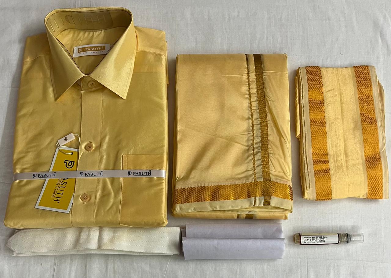 Golden Traditional Silk Shirt & Dhoti Set