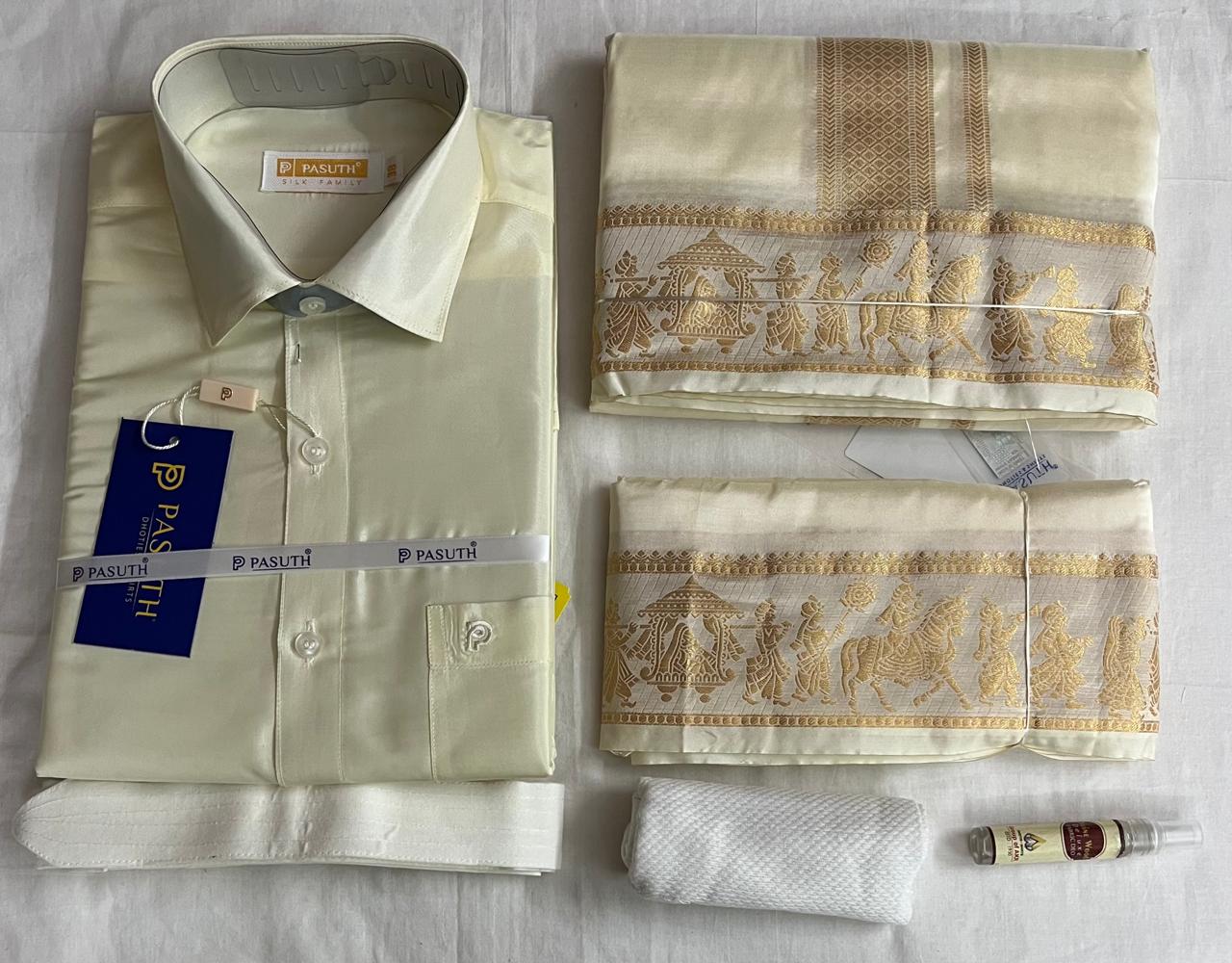 Premium Cream Silk Shirt & Wedding Dhoti (Annam/Procession Border)