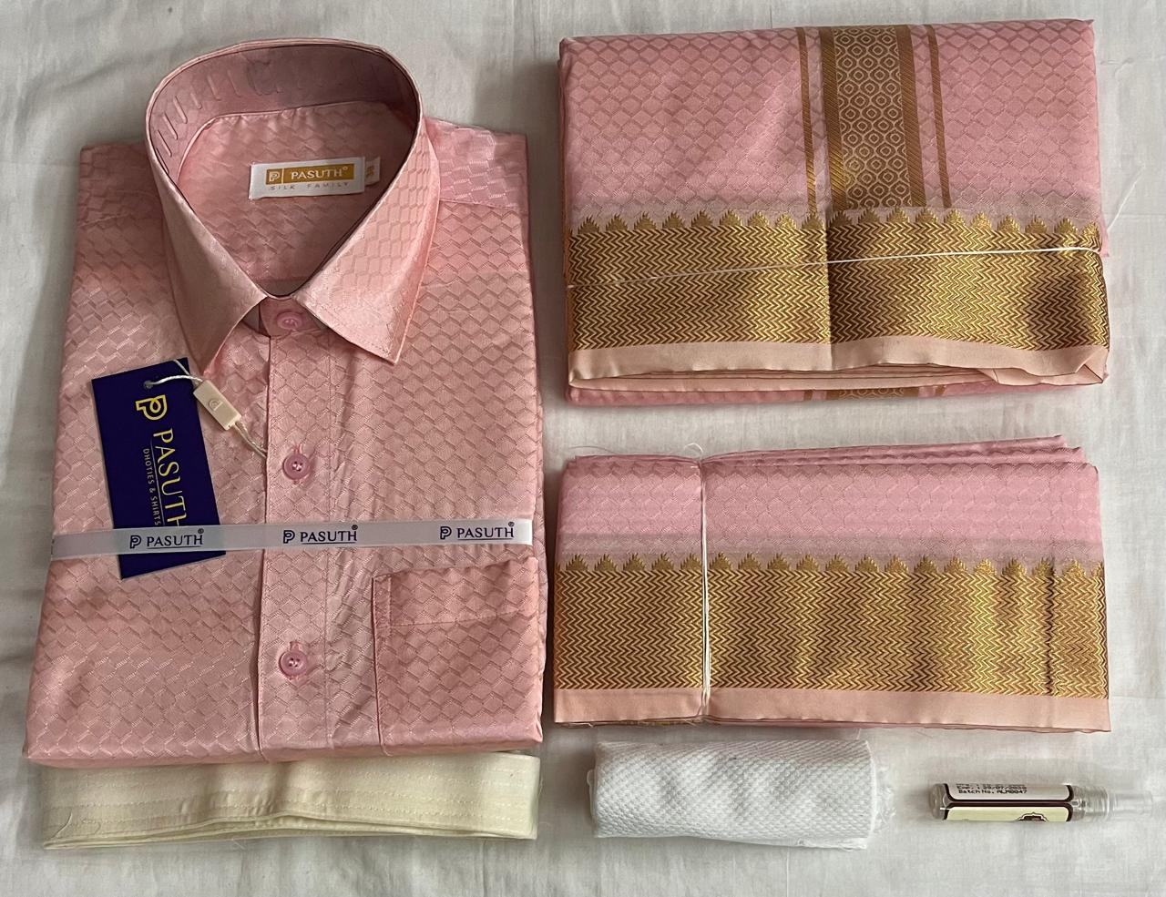 Pink Designer Silk Shirt & Golden Border Dhoti
