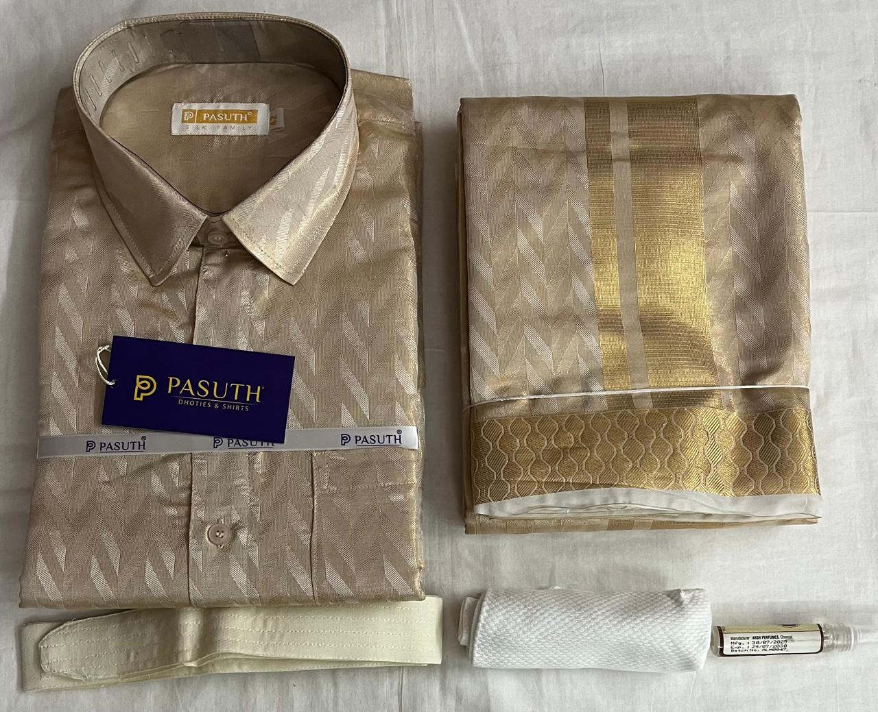 Beige Patterned Silk Shirt & Matching Zari Dhoti