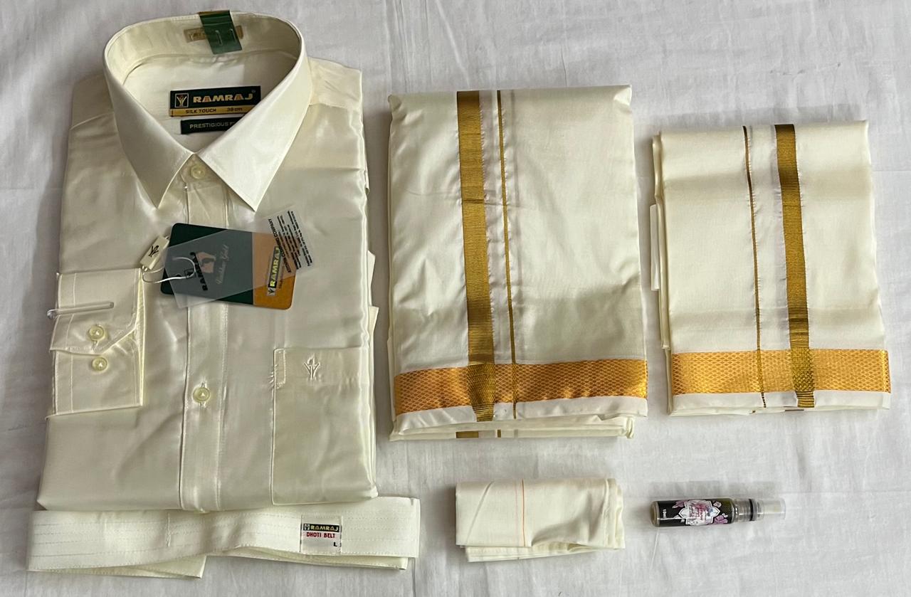 Ramraj Silk Touch Shirt & Golden Border Dhoti Combo