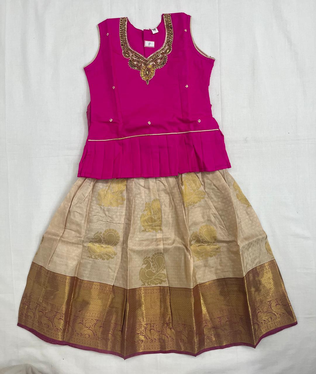 Embroidered Top with Cream–Gold Pattu Pavadai
