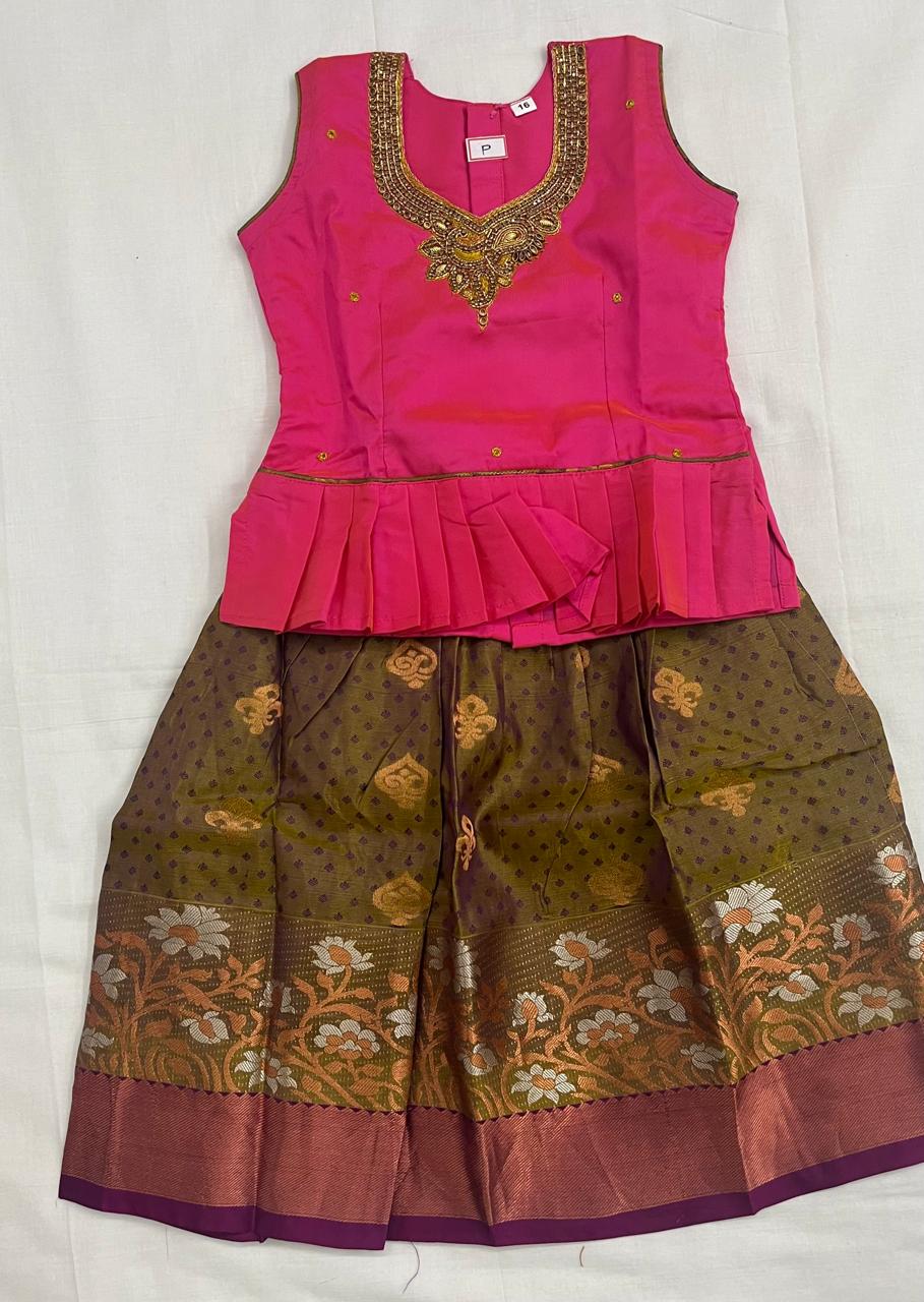 Pink Party-Wear Top with Olive Floral Pattu Skirt
