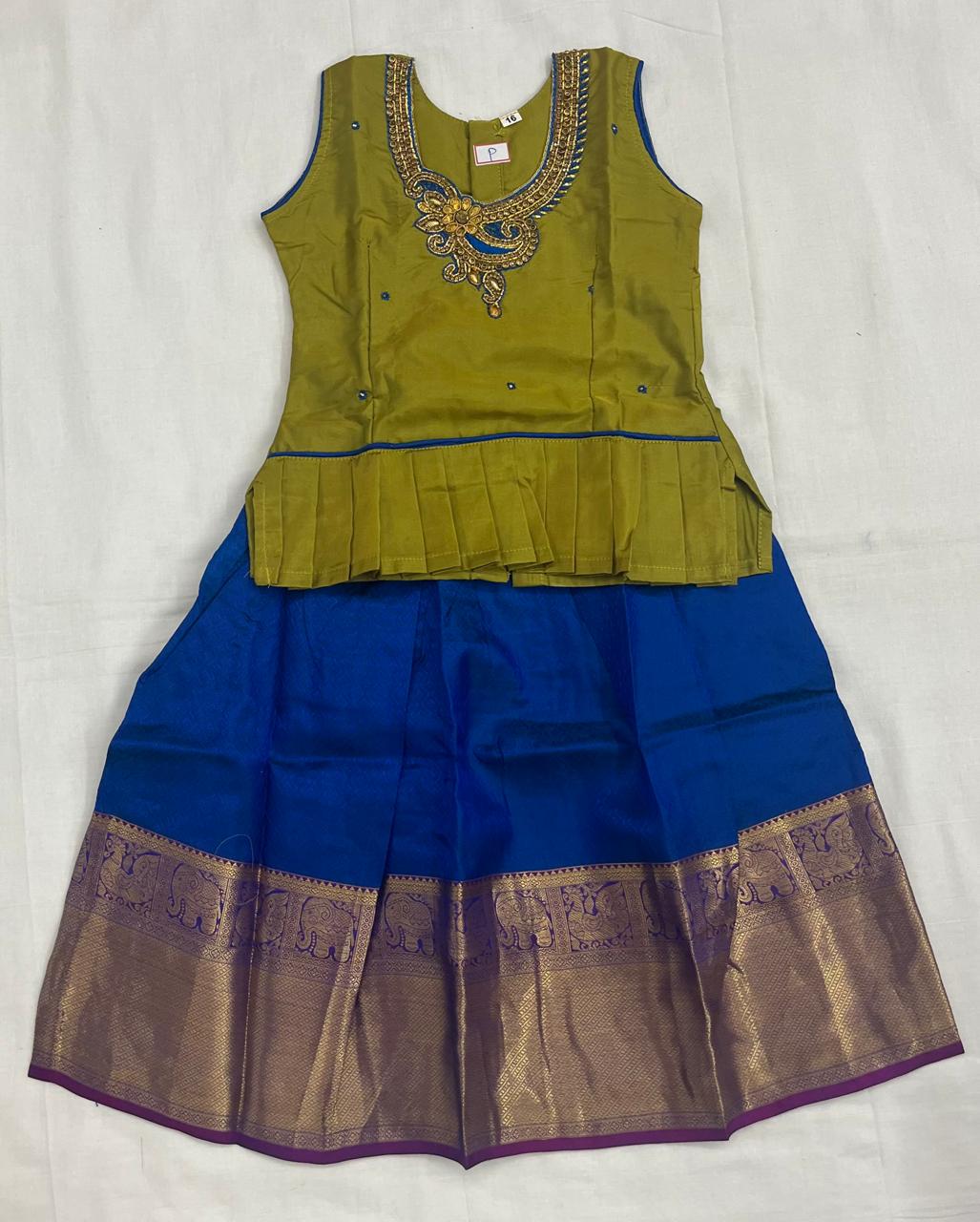 Mustard Designer Top with Royal Blue Pattu Skirt