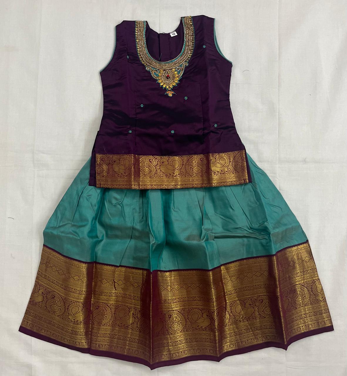 Purple Embroidered Top with Sea Green Pattu Pavadai
