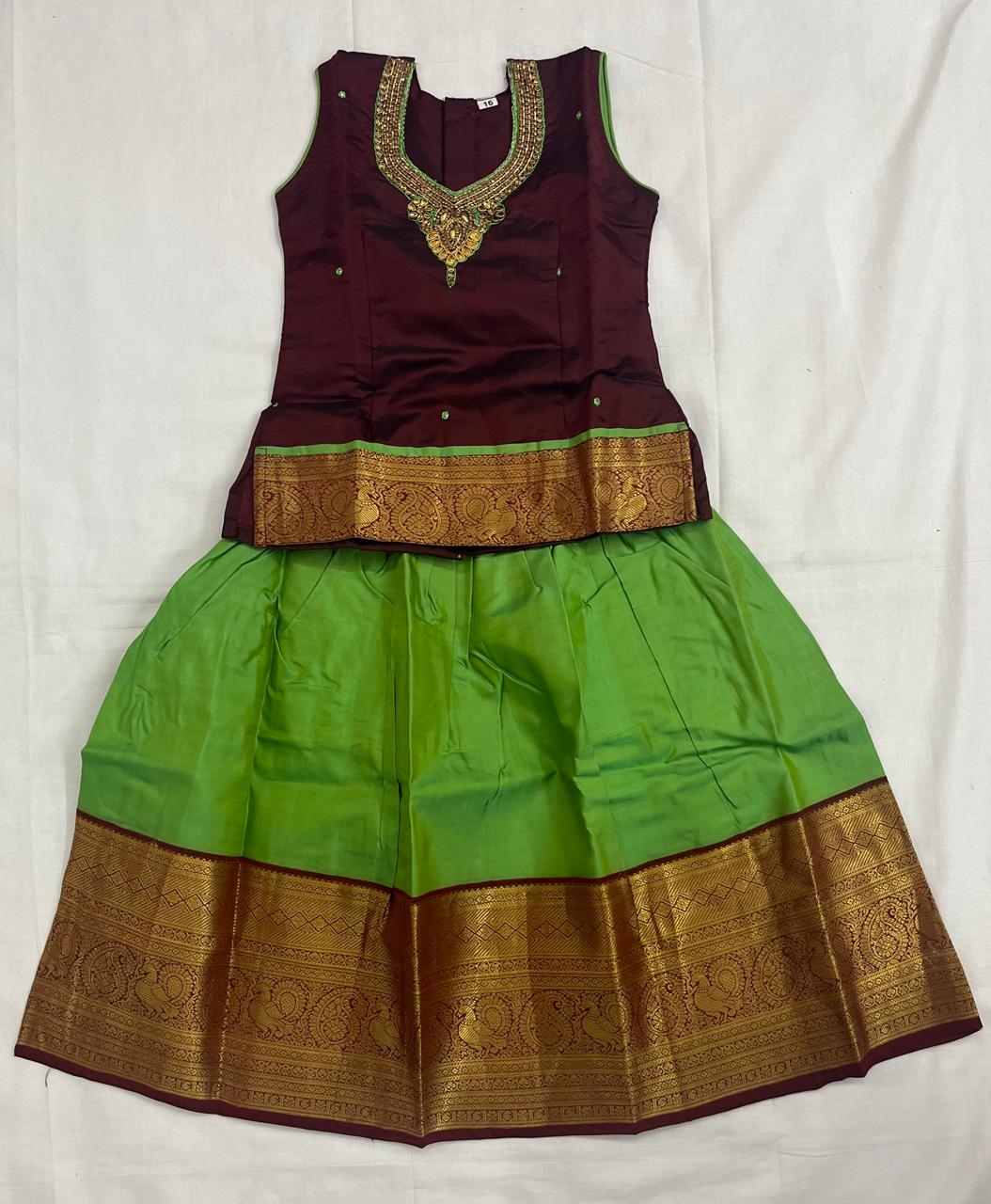 Maroon Embroidered Top with Bright Green Pattu Pavadai