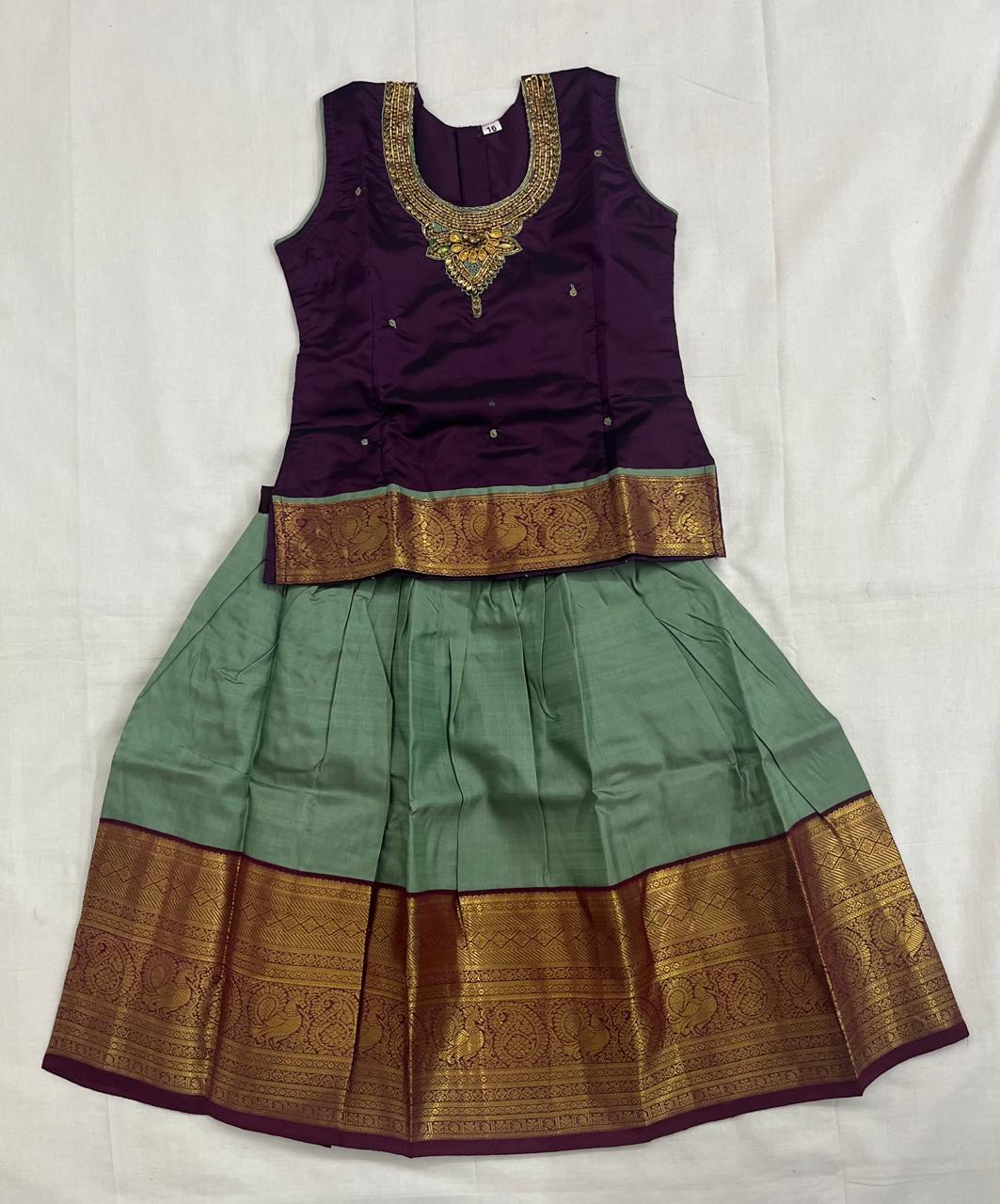 Purple Designer Top with Light Green Pattu Pavadai