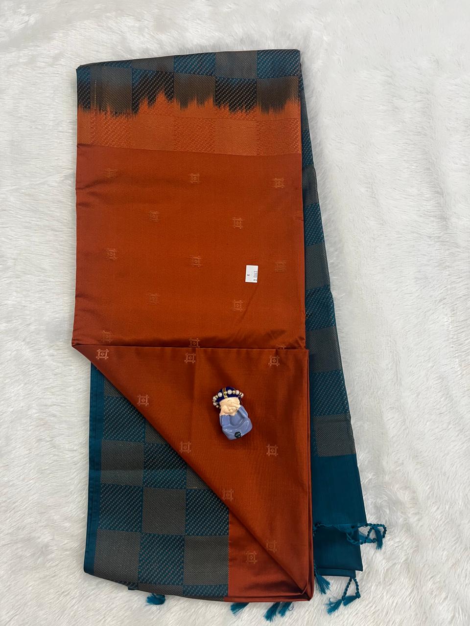 Mustard Soft Silk Saree with Peacock Blue Border