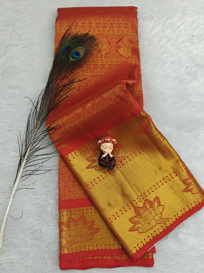 Red Pure Bridal Silk Saree with Gold Border