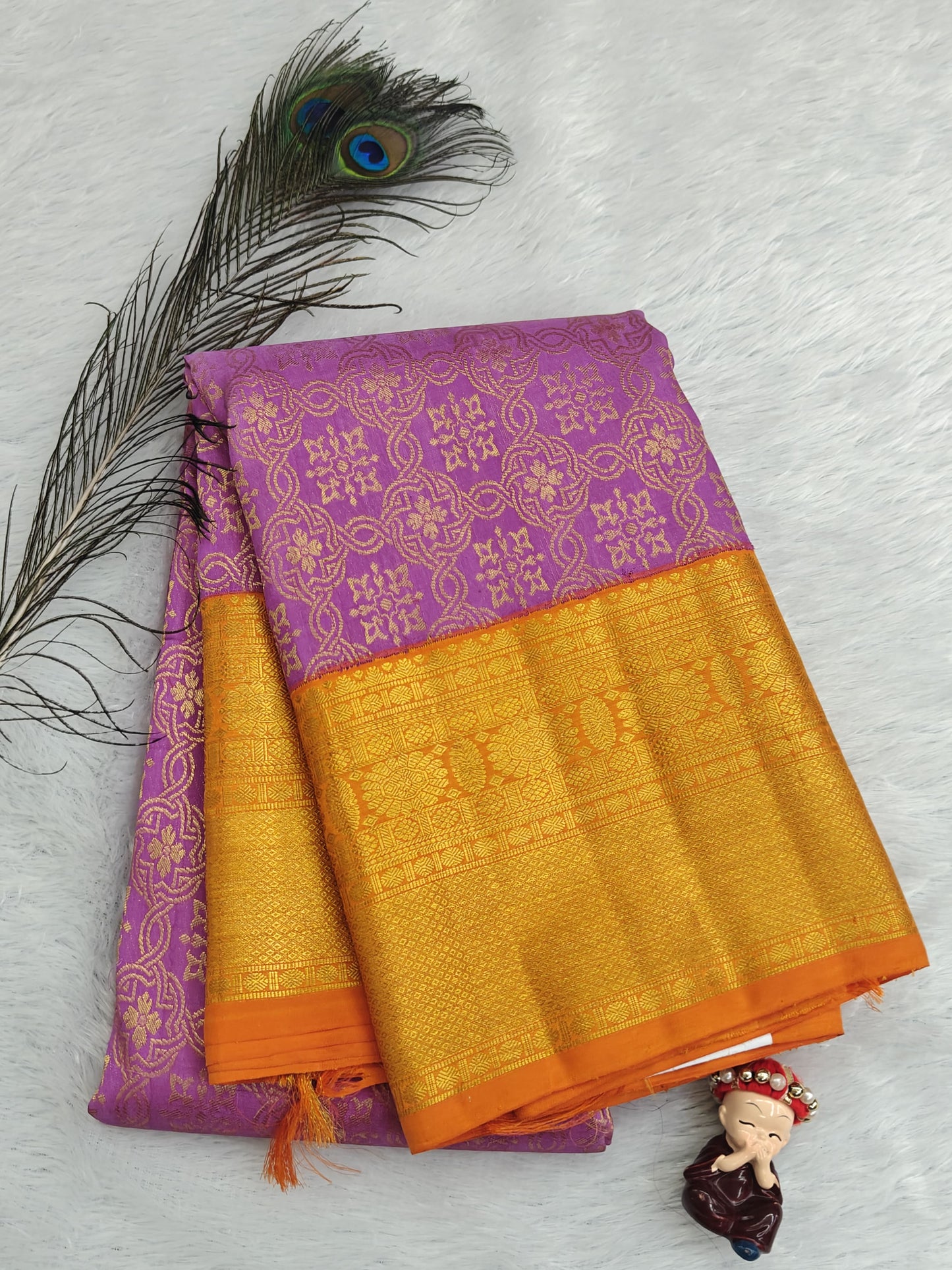 Lavender Pure Bridal Silk Saree with Orange Border