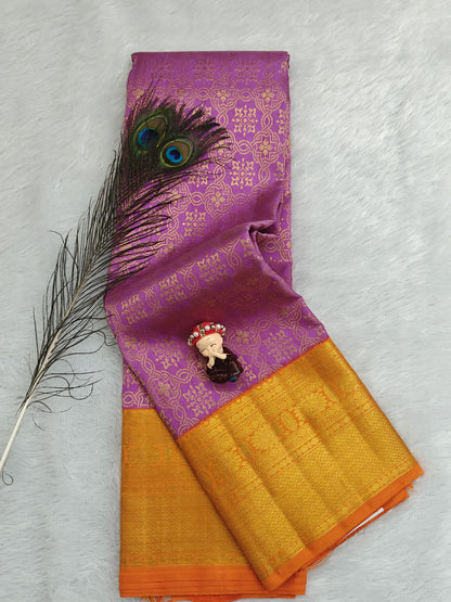 Lavender Pure Bridal Silk Saree with Orange Border