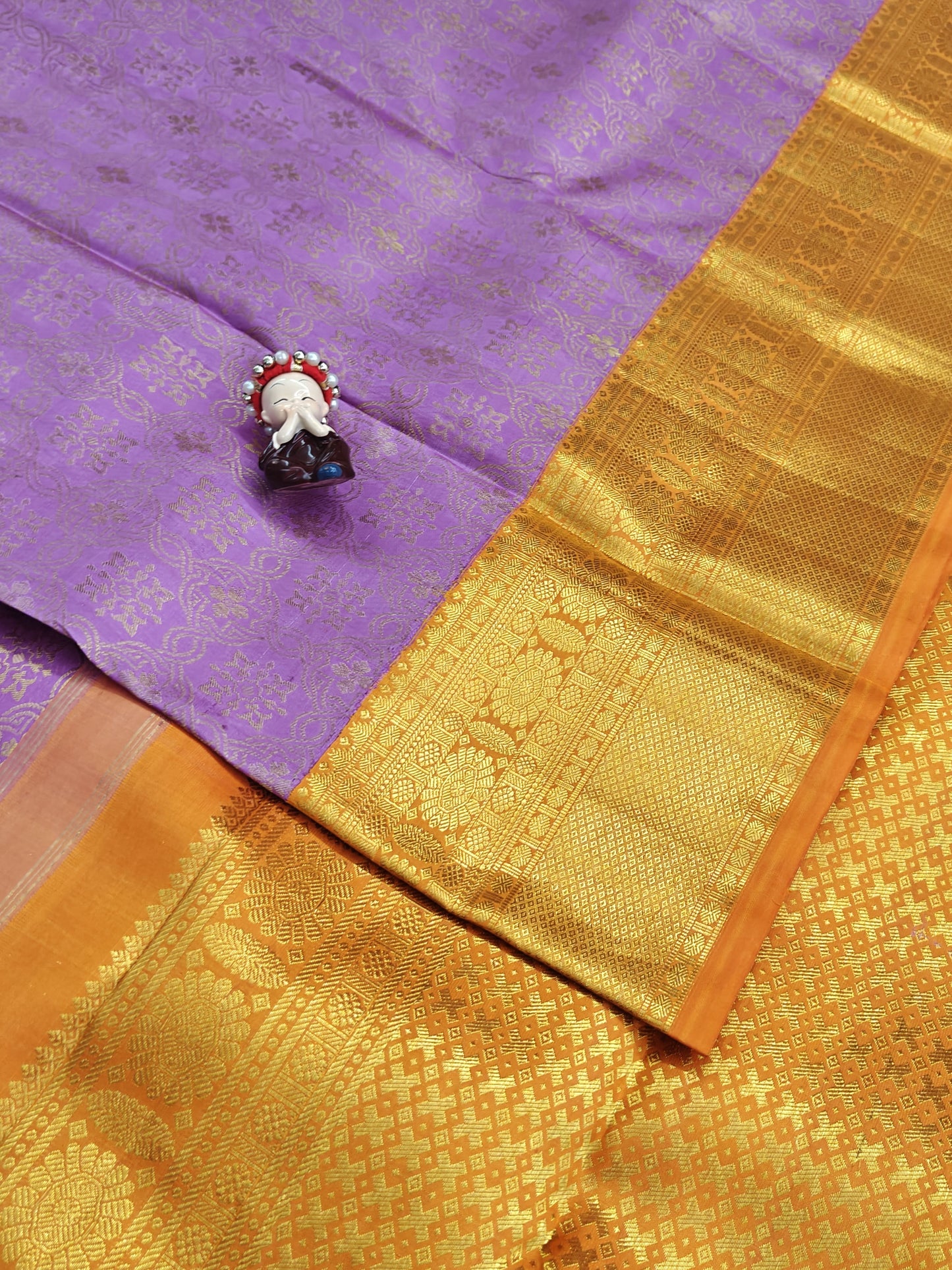 Lavender Pure Bridal Silk Saree with Orange Border