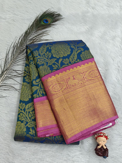 Peacock Blue Pure Bridal Silk Saree with Pink Border
