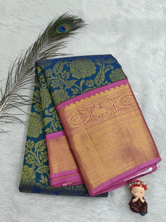 Peacock Blue Pure Bridal Silk Saree with Pink Border